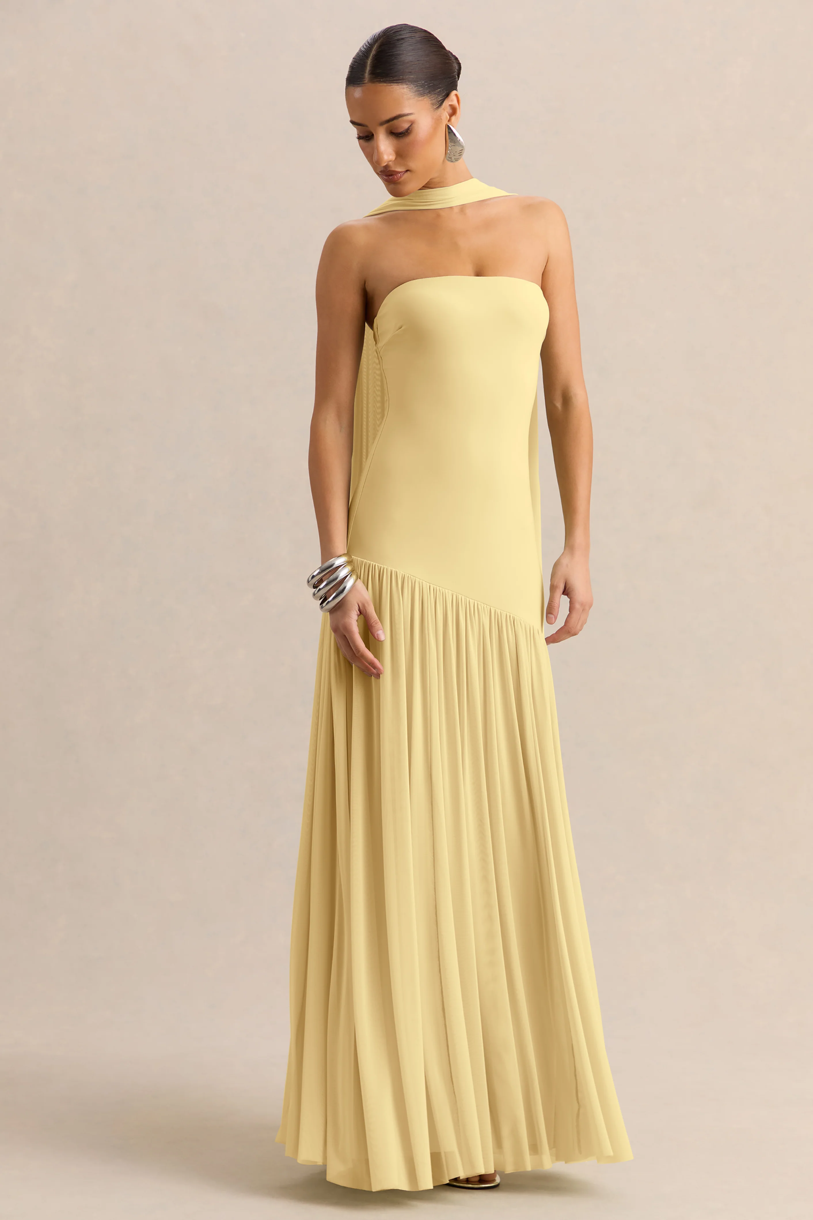 Bambi | Lemon Bandeau-Neck Maxi Dress With Scarf-Detail - Image 4