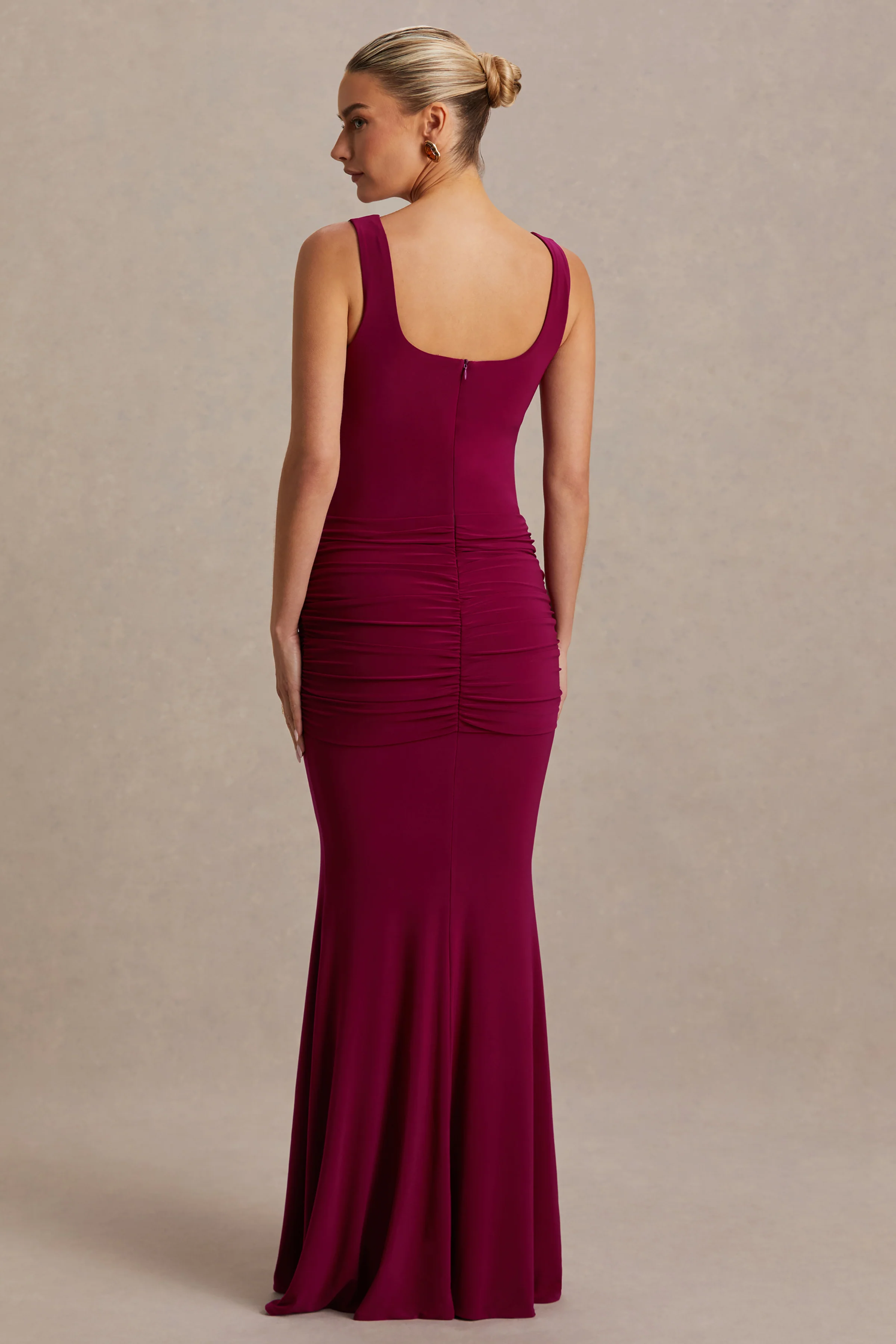 Baylin | Burgundy Square-Neck Maternity Maxi Dress With Ruched Detailing And Sash - Image 2