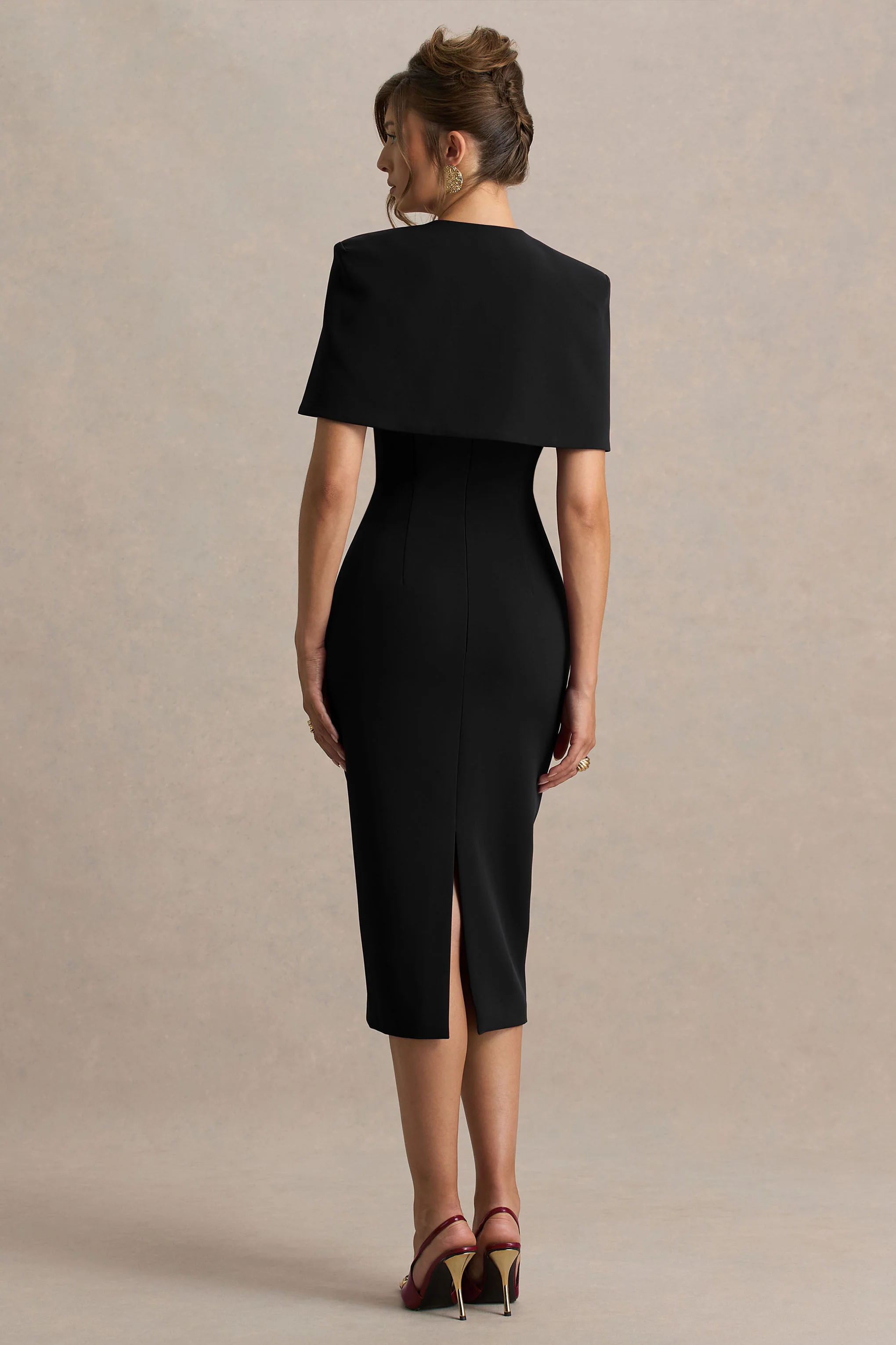 Baylor | Black Midi-Dress With Removable Cape-Detail - Image 2