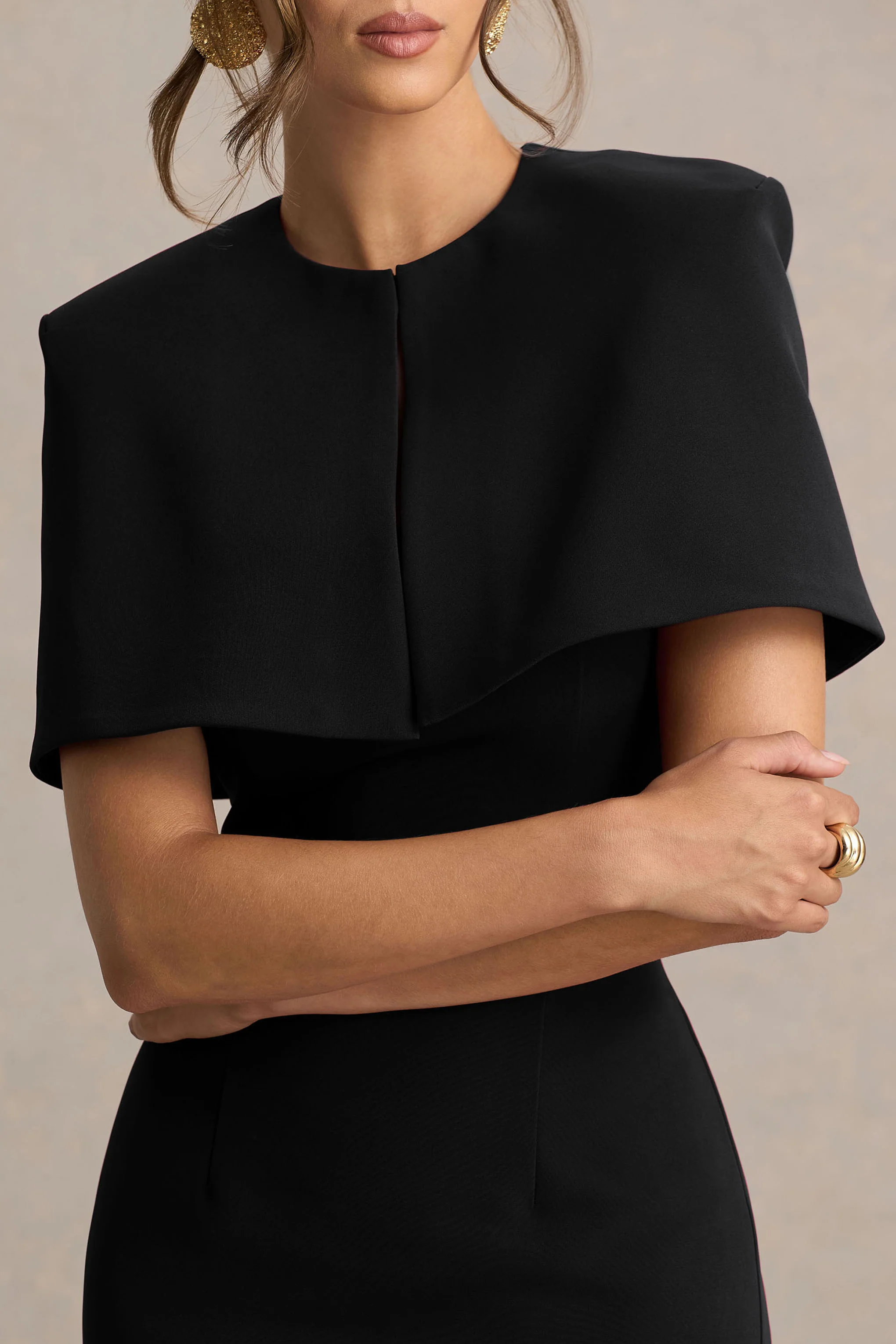 Baylor | Black Midi-Dress With Removable Cape-Detail - Image 3