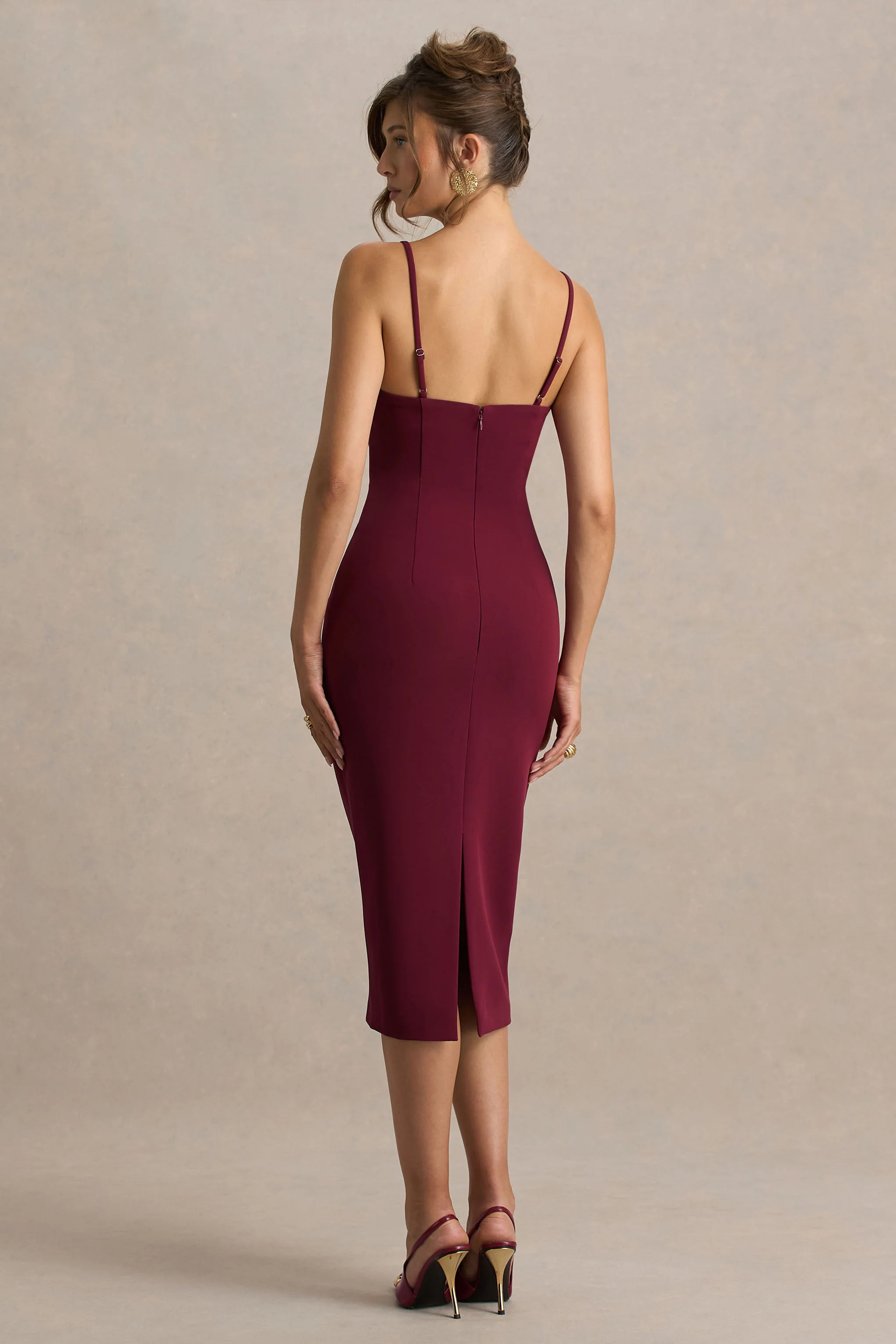 Baylor | Burgundy Midi-Dress With Removable Cape - Image 6