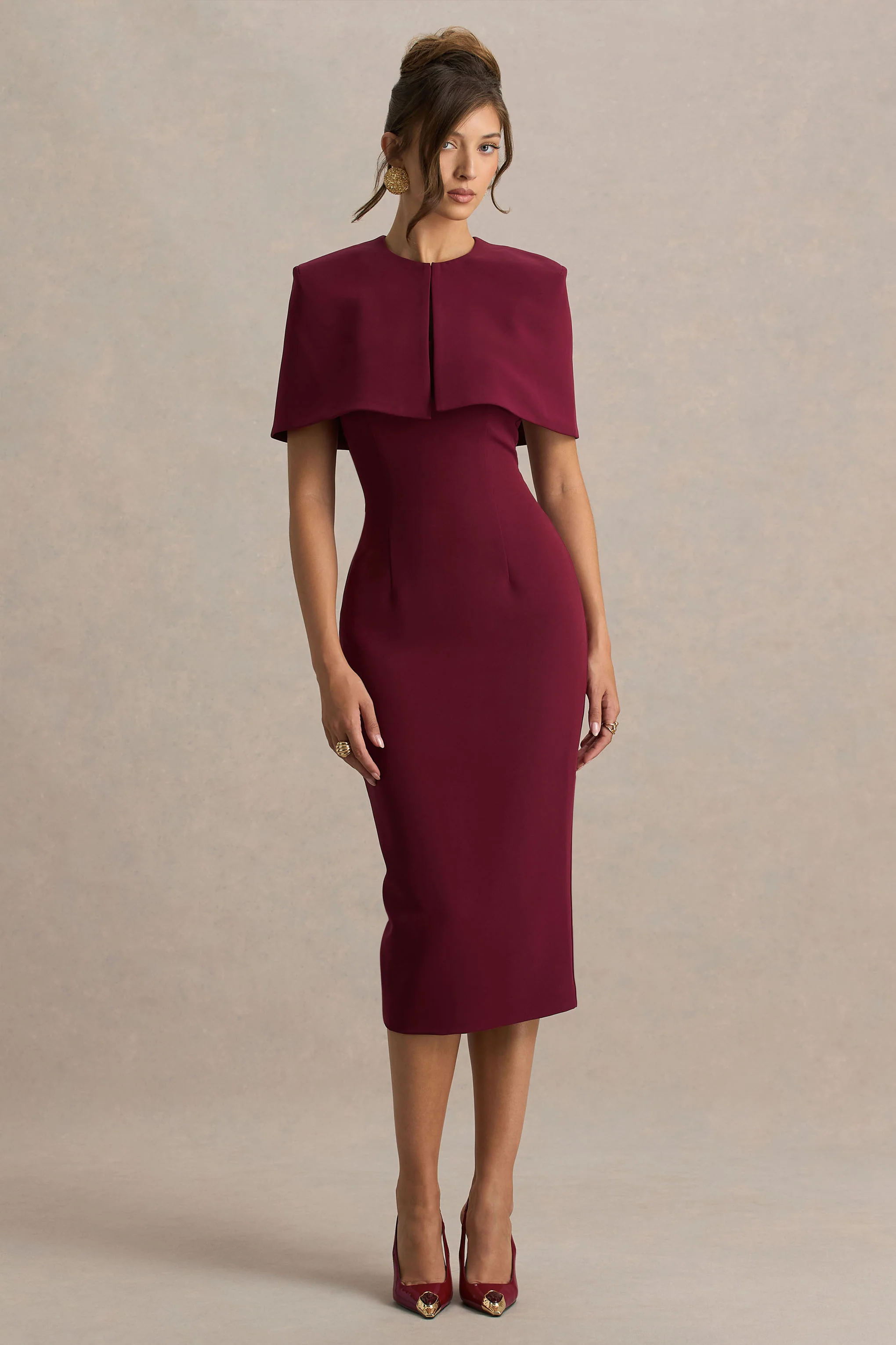 Baylor | Burgundy Midi-Dress With Removable Cape - Image 7
