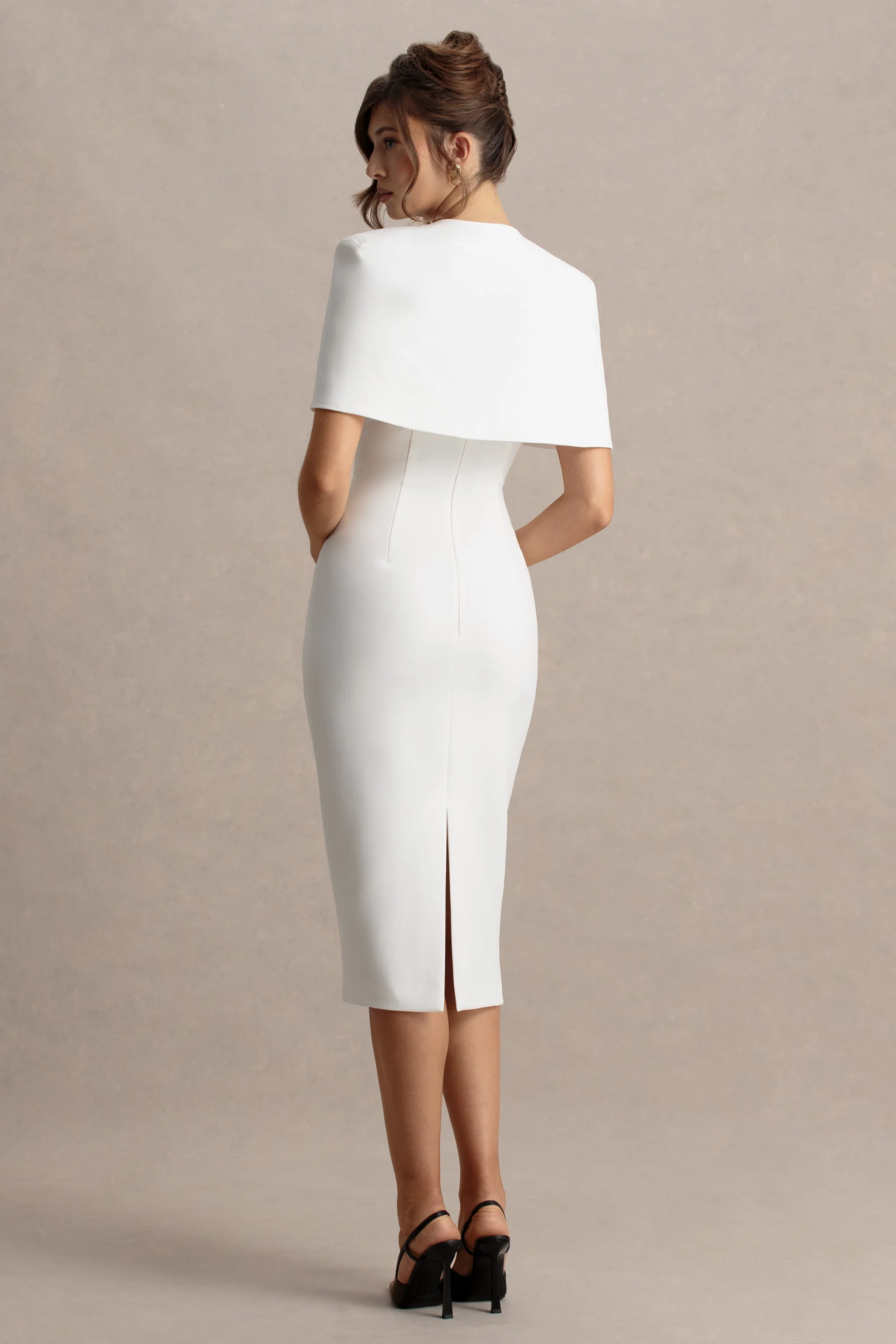 Baylor | White Midi-Dress With Removable Cape - Image 3