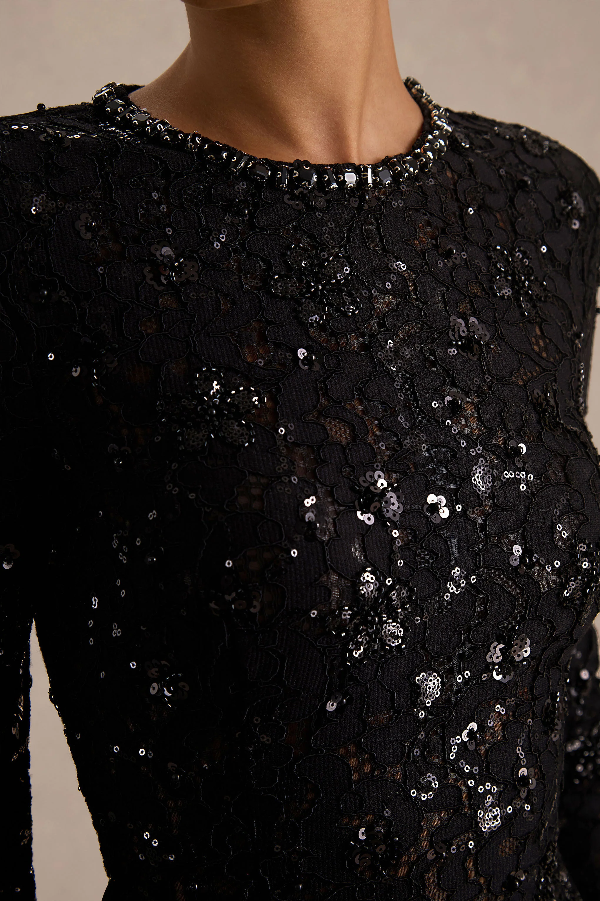 Beau | Black Lace High-Neck Maxi Dress With Draped Detail - Image 3