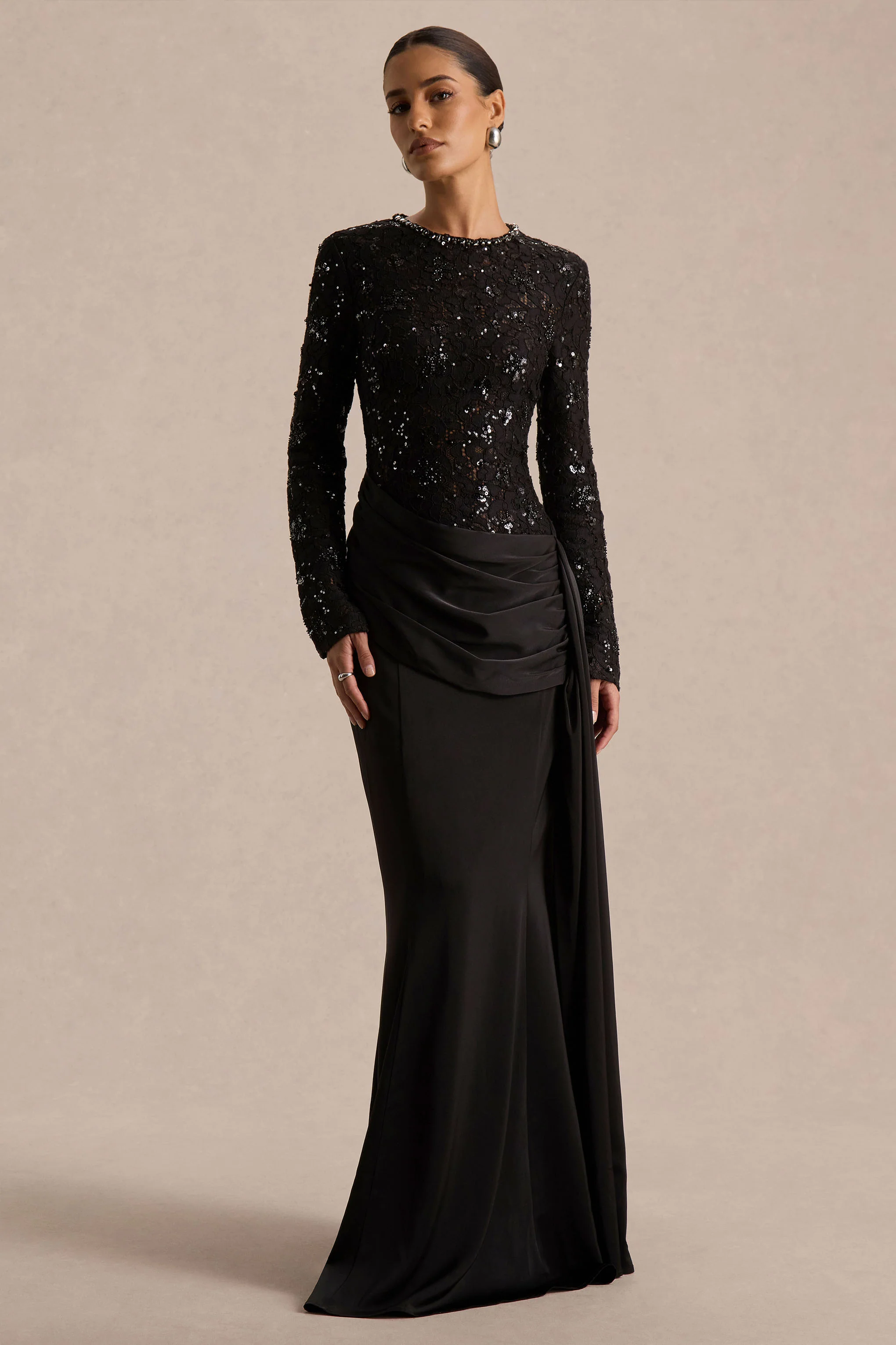Beau | Black Lace High-Neck Maxi Dress With Draped Detail - Image 4