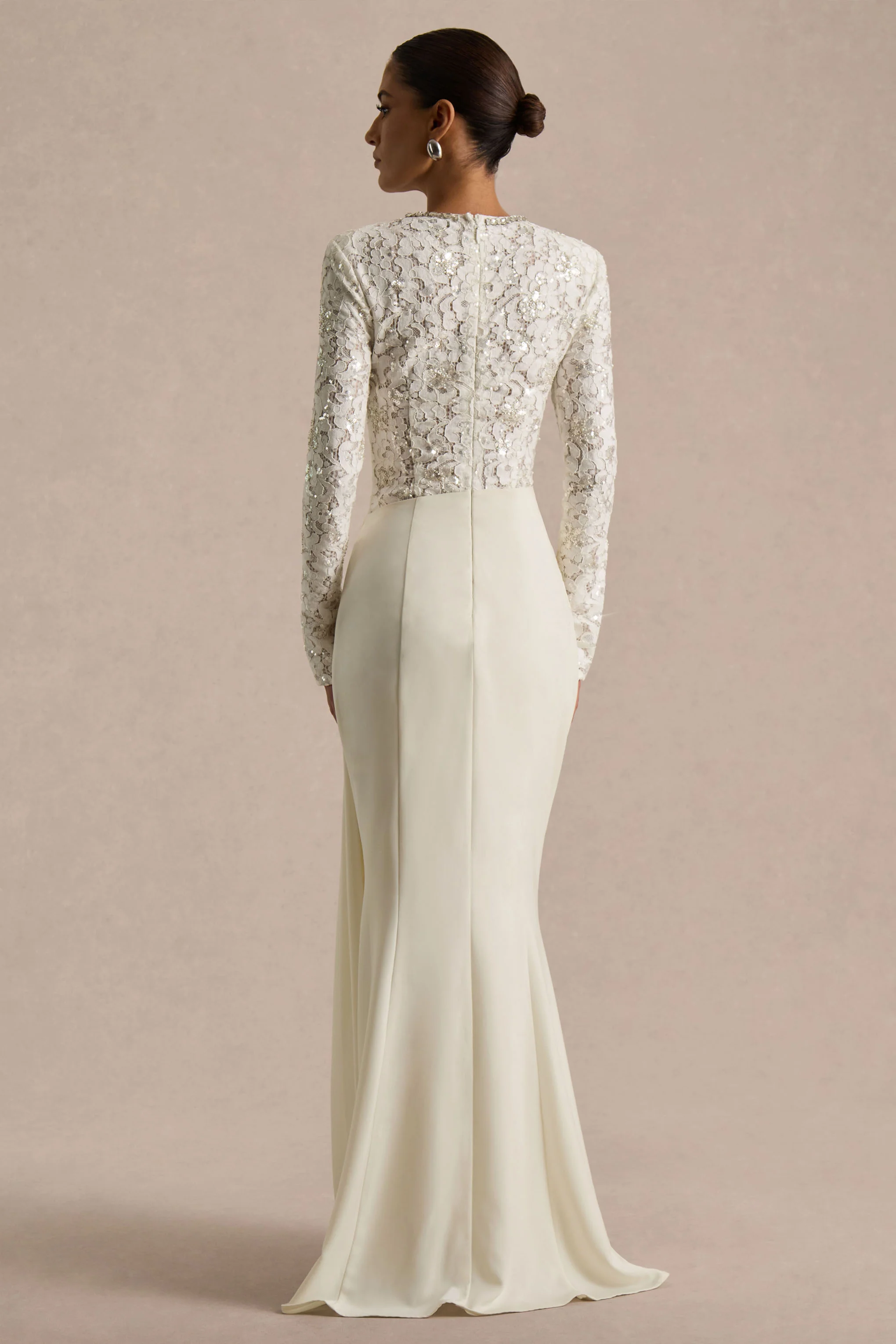 Beau | Ecru Lace Embellished Crew-Neck Maxi Dress With Draped Detail - Image 2