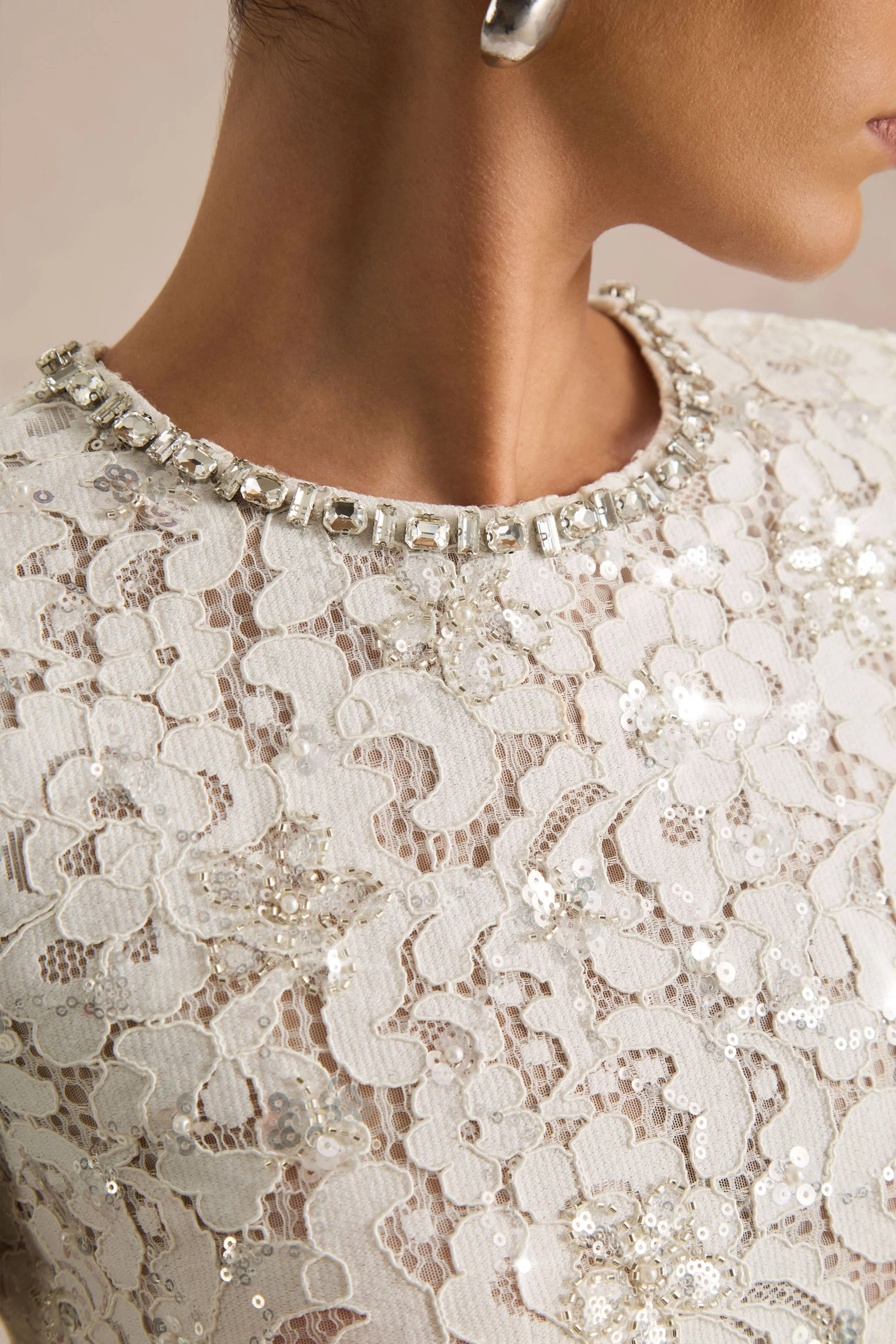 Beau | Ecru Lace Embellished Crew-Neck Maxi Dress With Draped Detail - Image 4