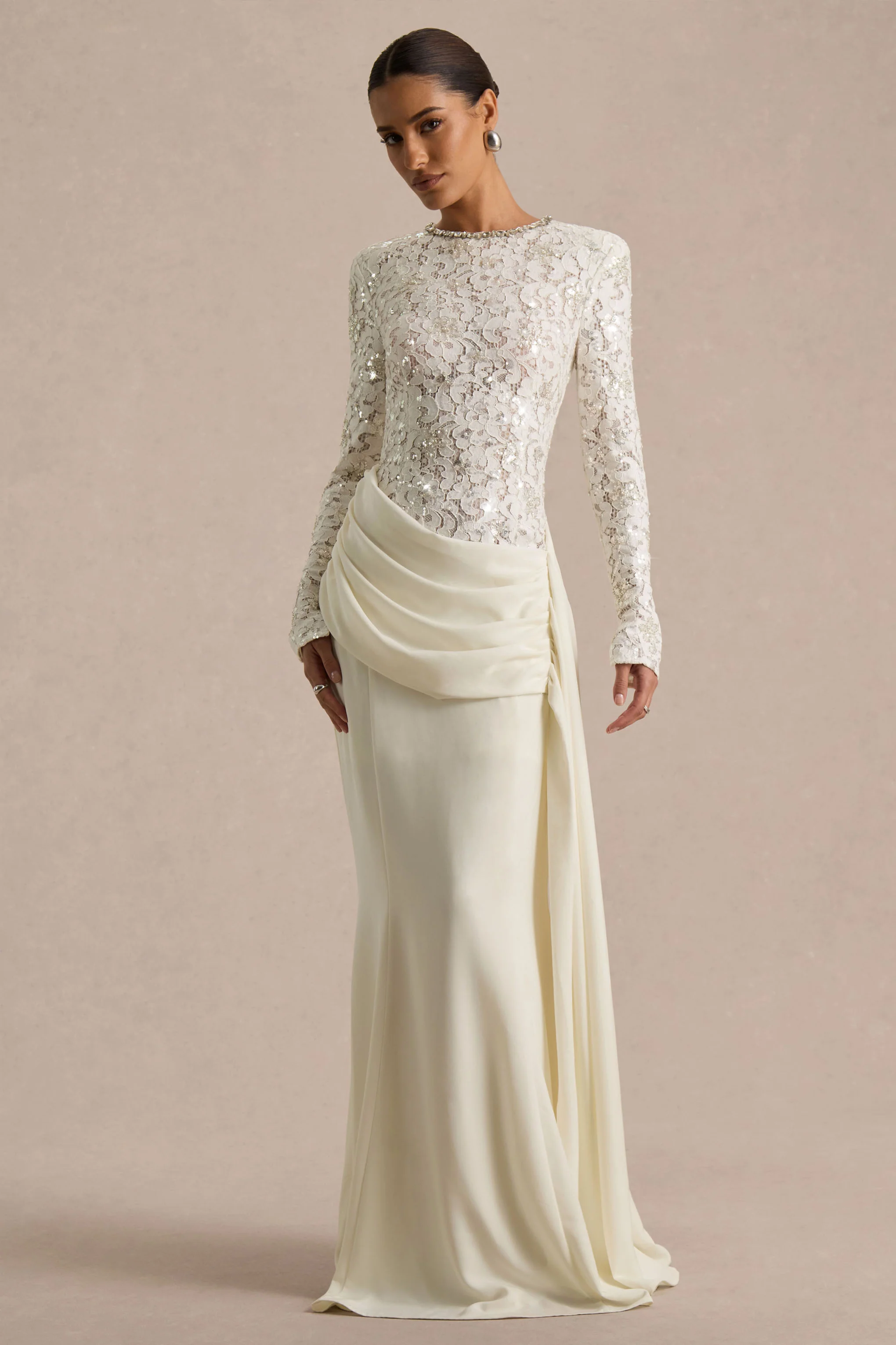 Beau | Ecru Lace Embellished Crew-Neck Maxi Dress With Draped Detail - Image 5