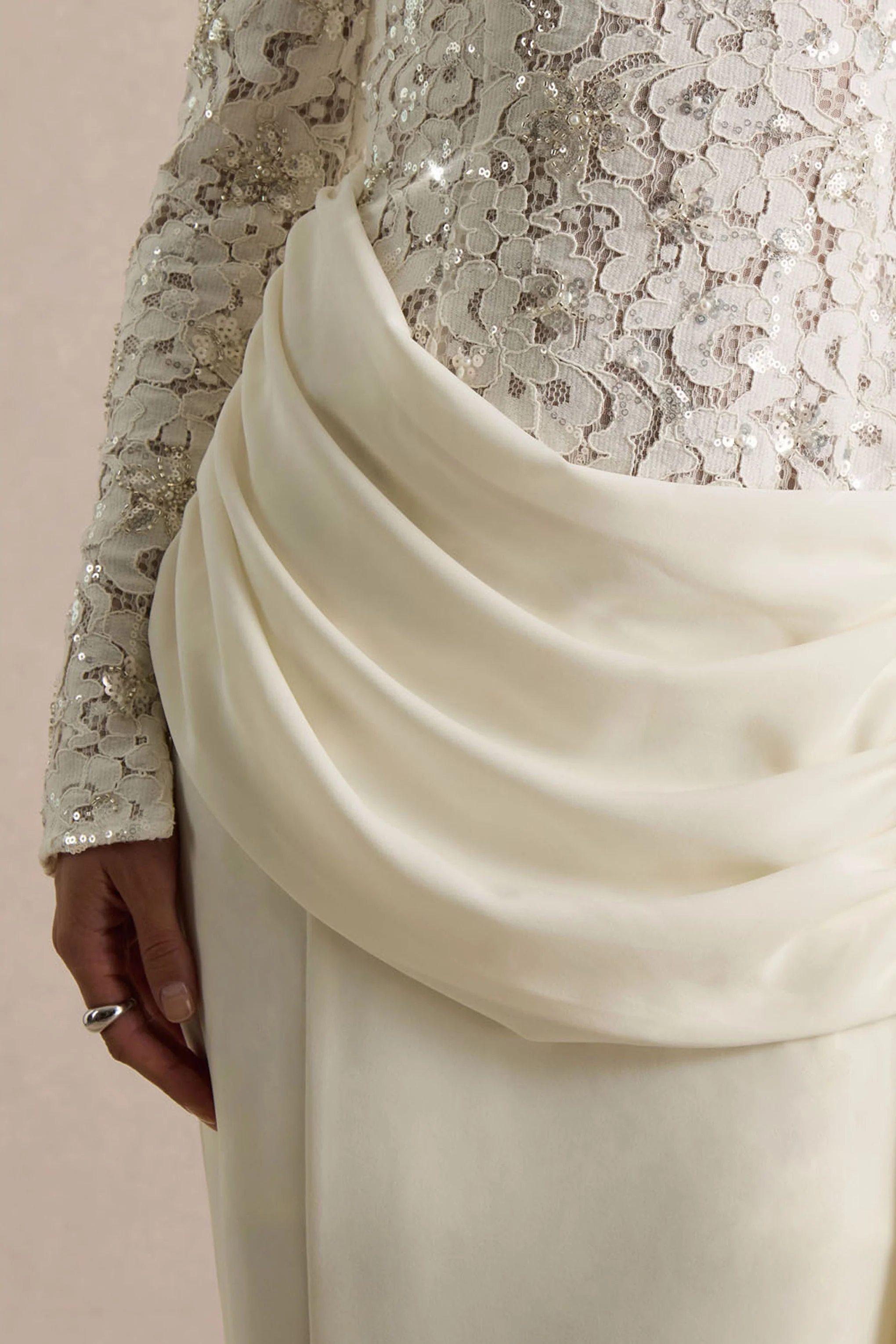 Beau | Ecru Lace Embellished Crew-Neck Maxi Dress With Draped Detail - Image 6