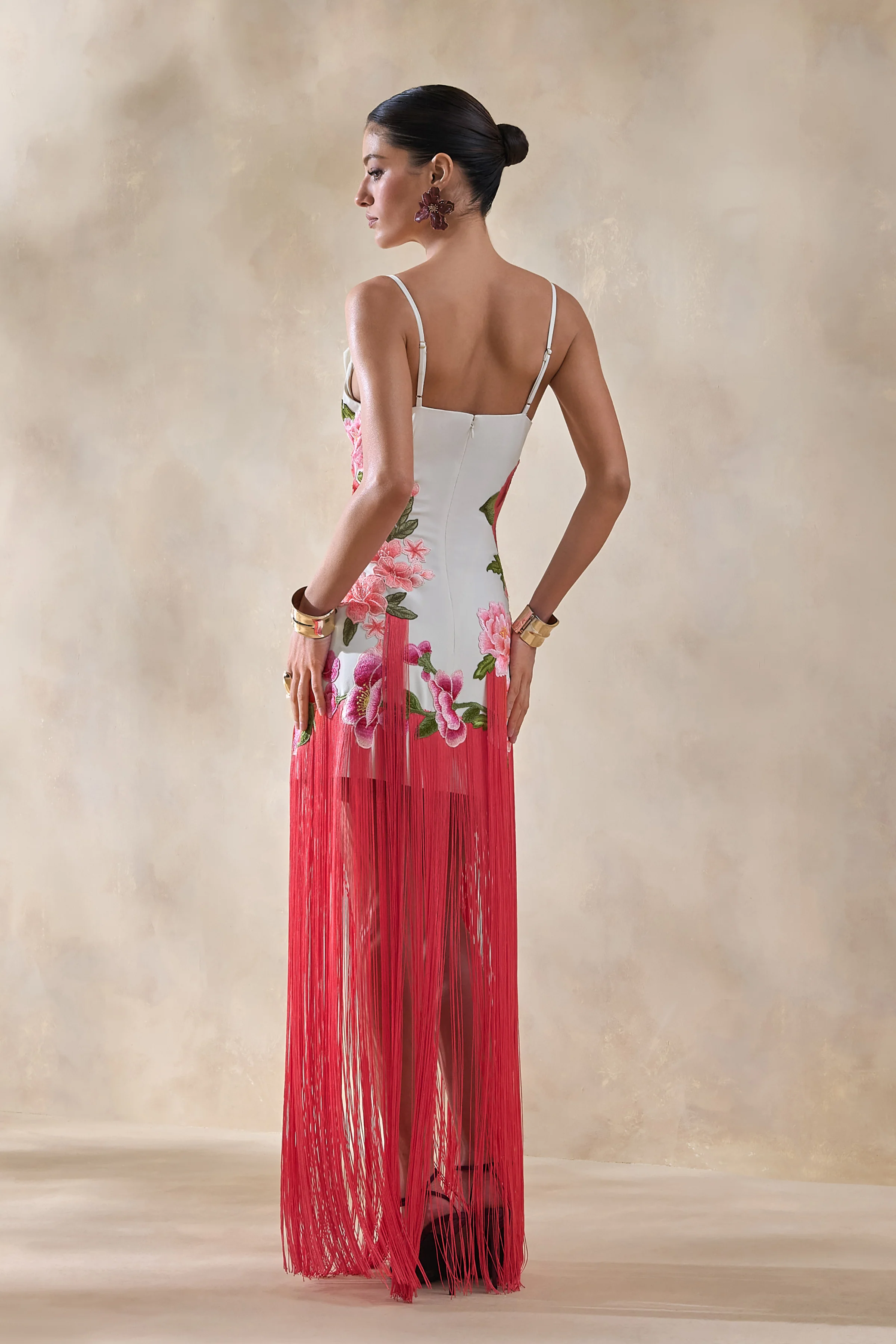 Bejewelled | Cream and Pink Floral Cowl-Neck Maxi Dress With Fringe Hem - Image 3