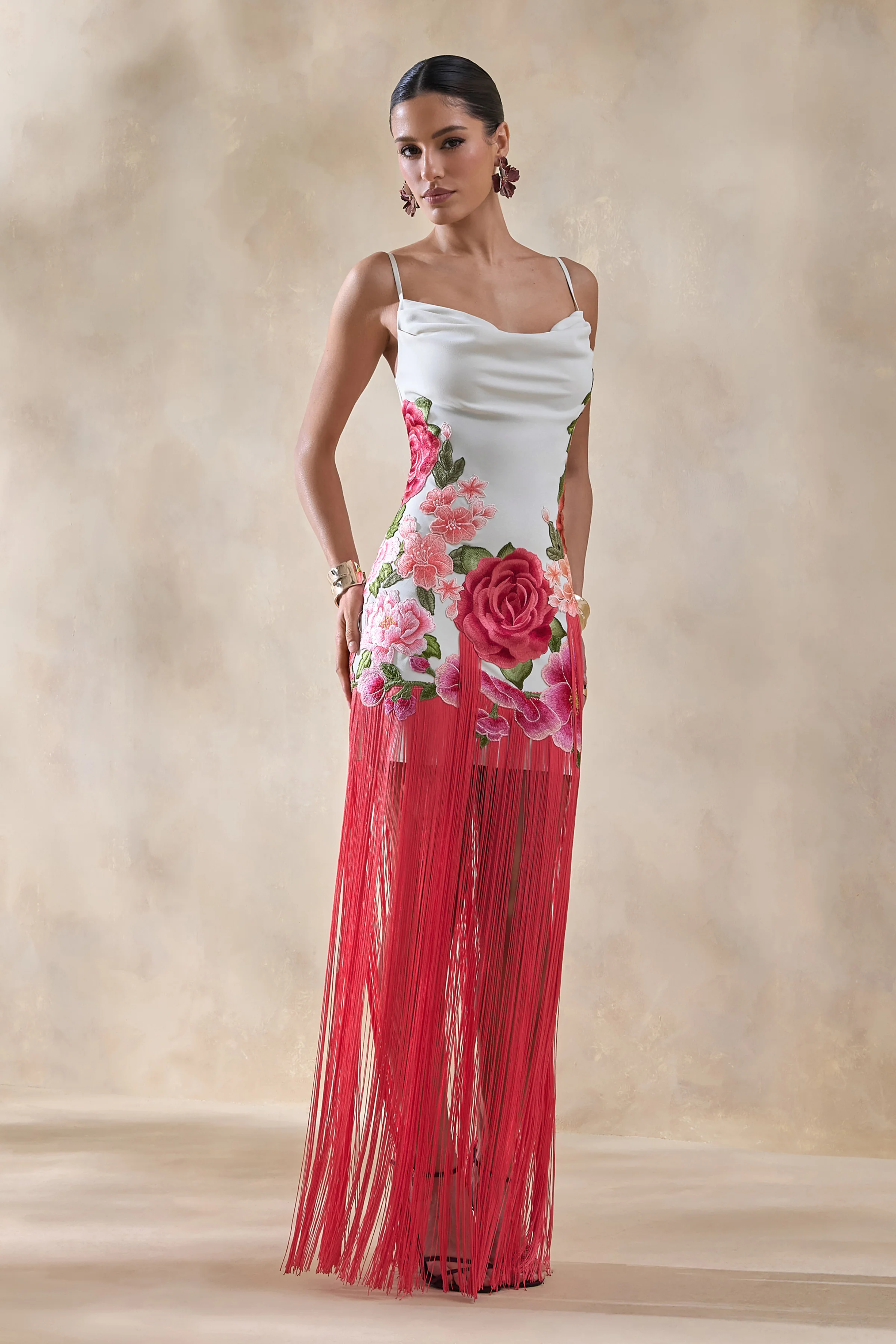 Bejewelled | Cream and Pink Floral Cowl-Neck Maxi Dress With Fringe Hem - Image 5