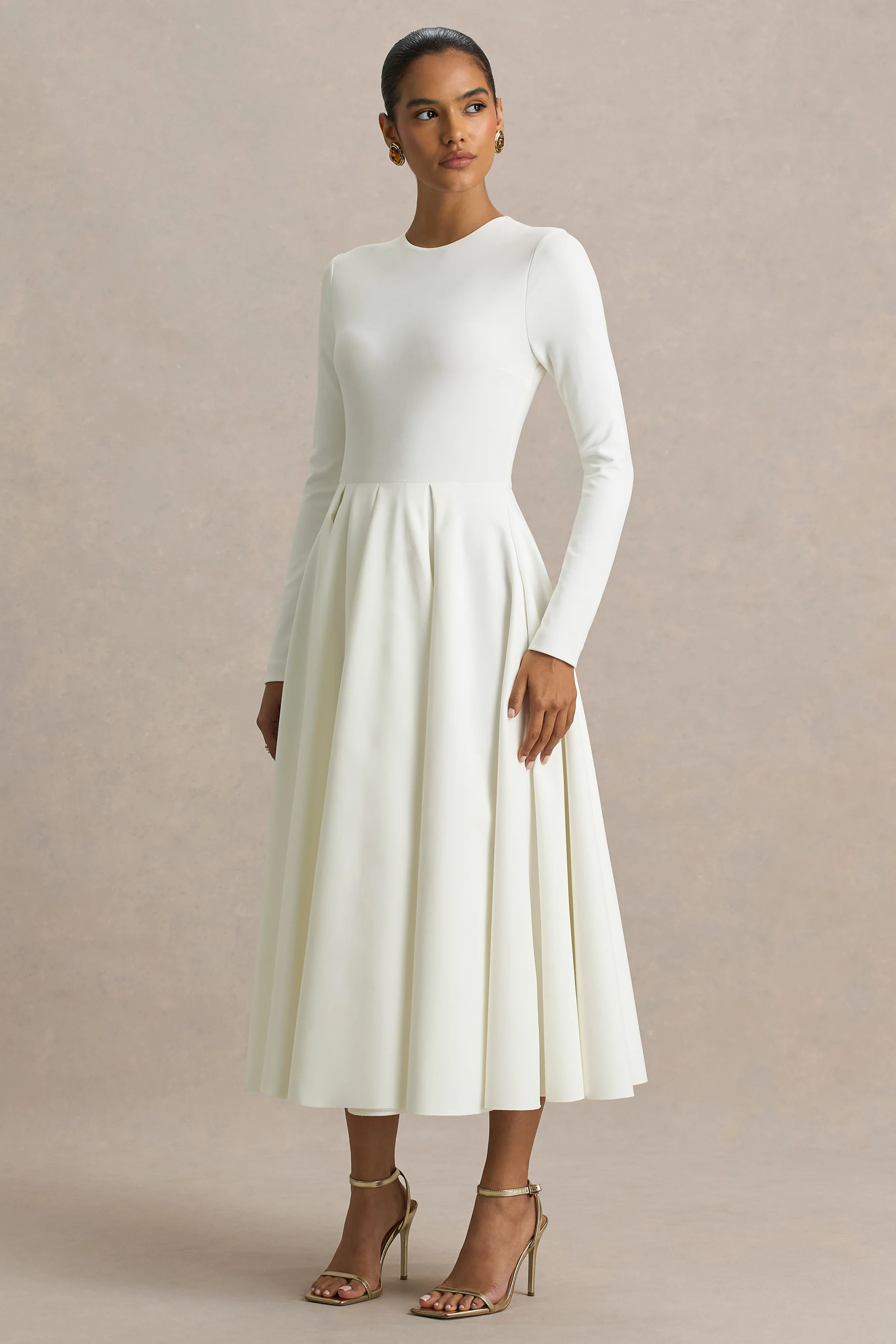 Bellamy | Cream Crew-Neck Long Sleeve Midi Dress - Image 3
