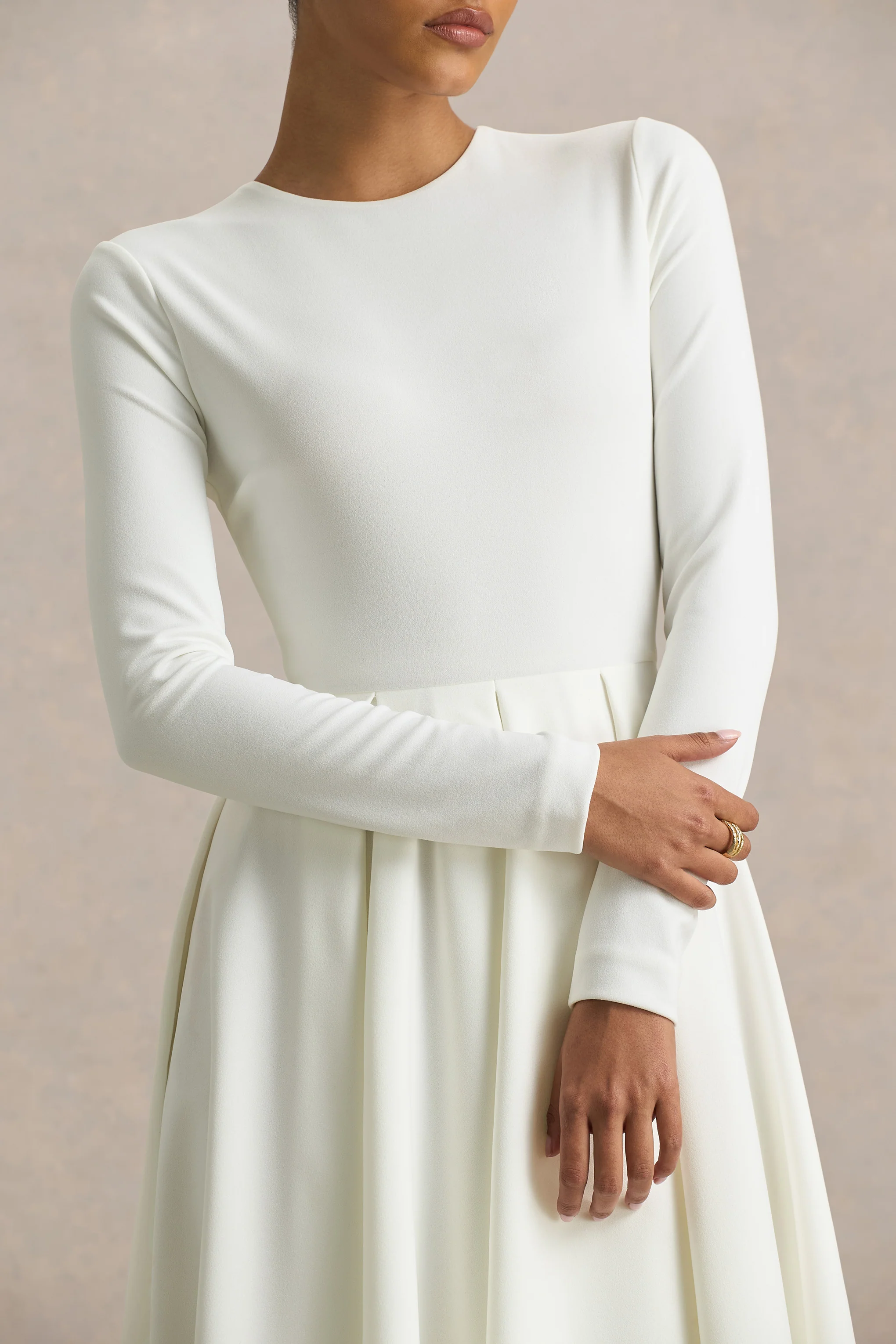 Bellamy | Cream Crew-Neck Long Sleeve Midi Dress - Image 4