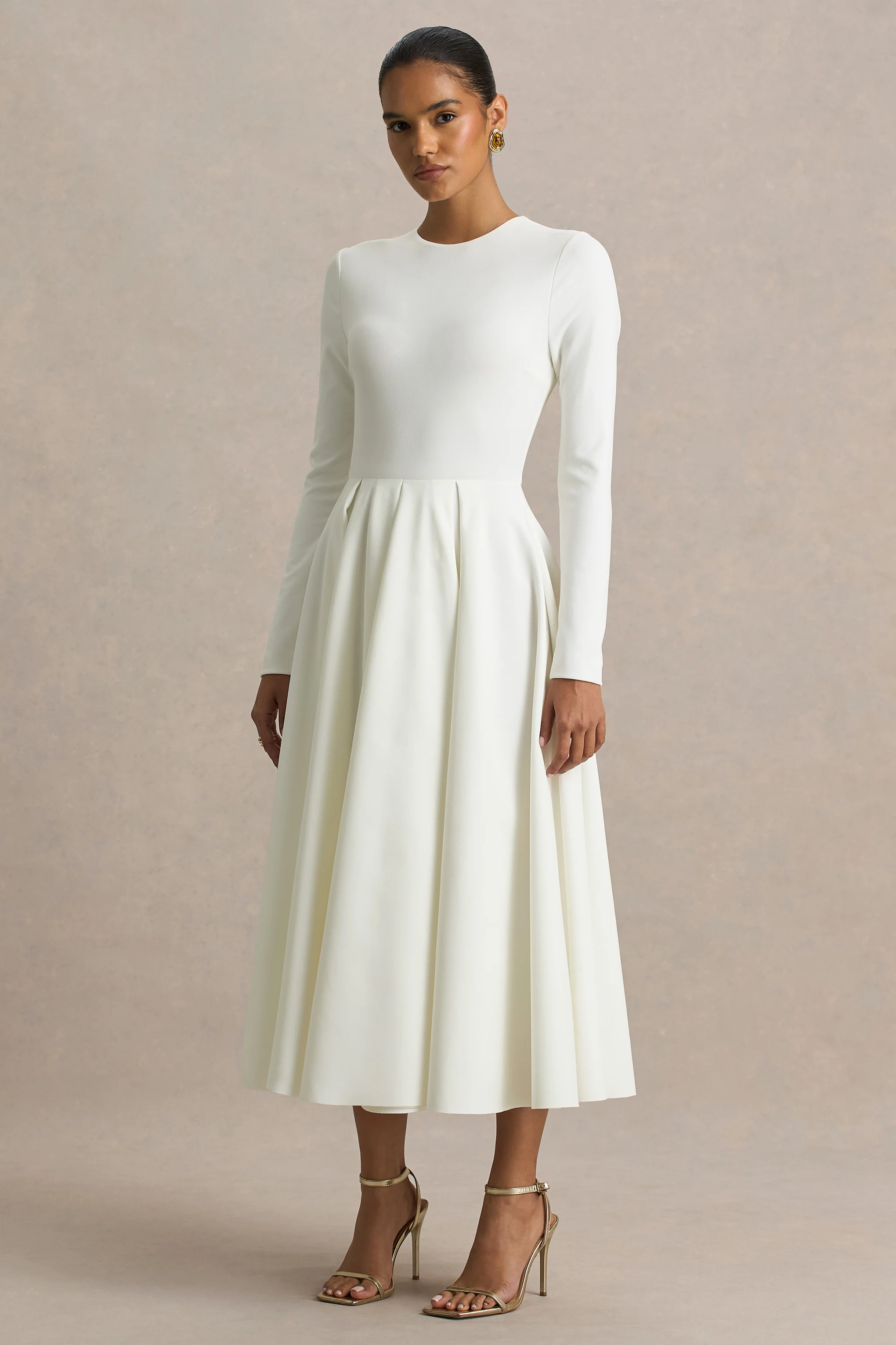 Bellamy | Cream Crew-Neck Long Sleeve Midi Dress - Image 5
