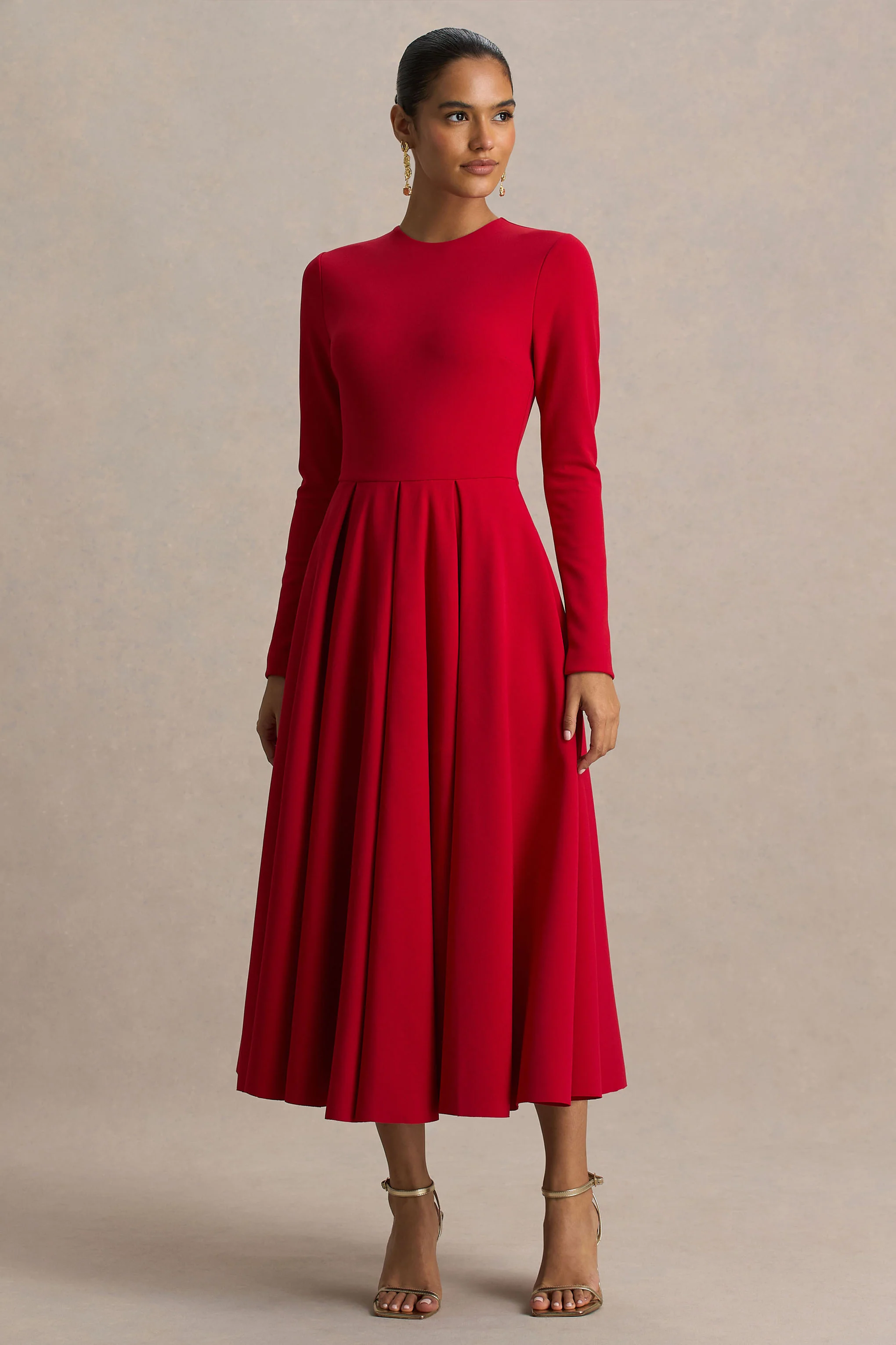 Bellamy | Red Crew-Neck Long-Sleeve Midi Dress - Image 4
