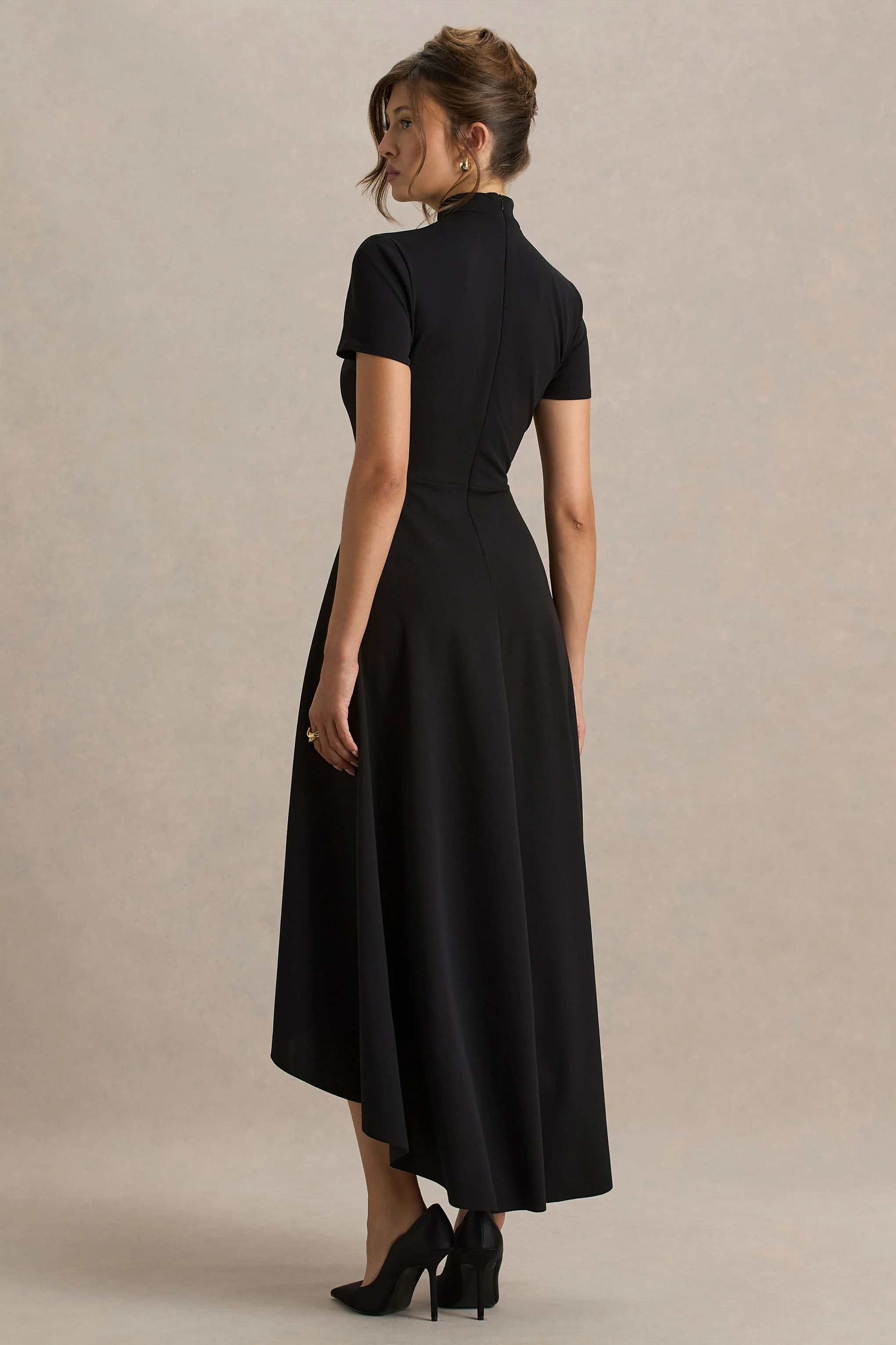 Bellona | Black High-Neck High-Low Midi Dress - Image 2