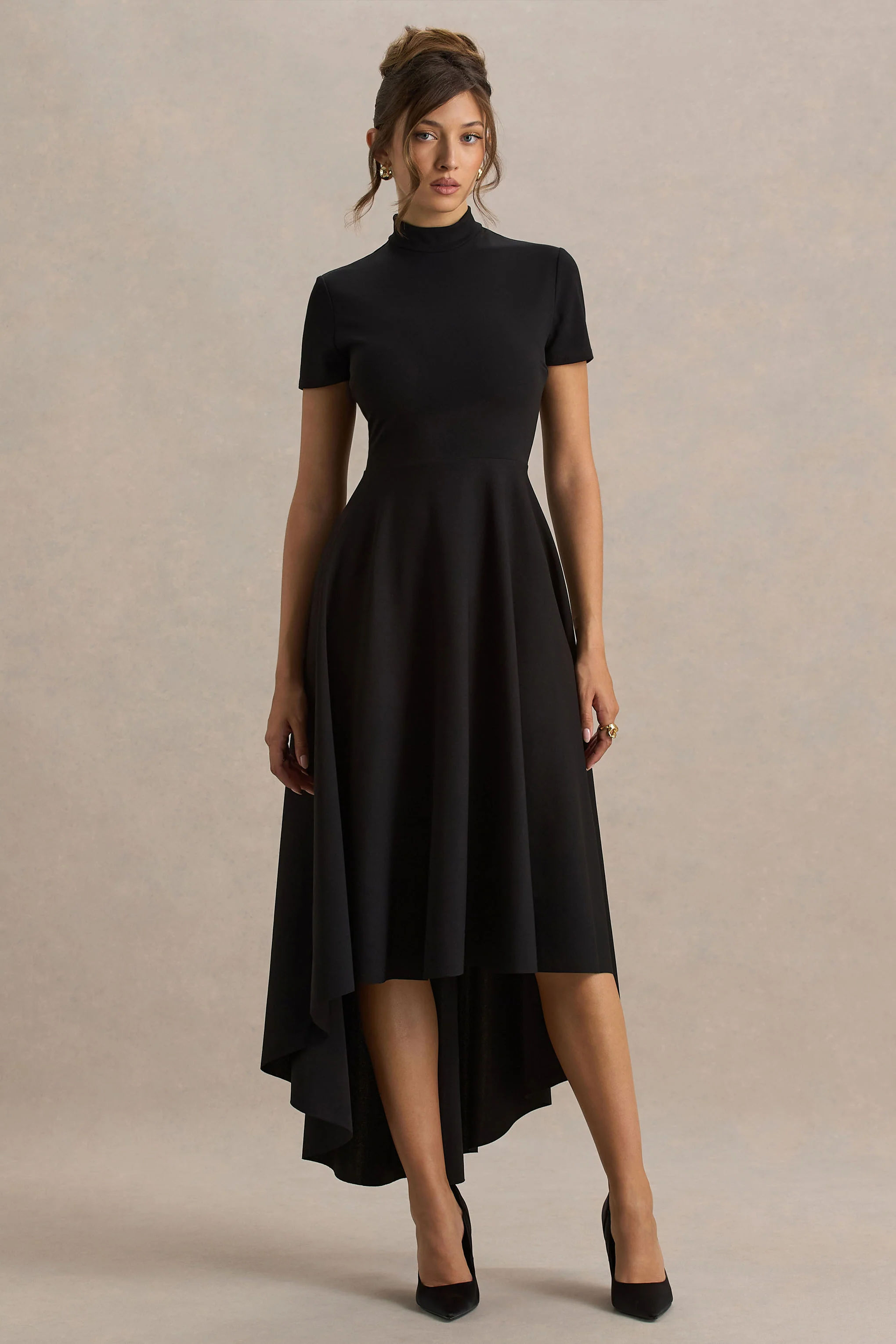 Bellona | Black High-Neck High-Low Midi Dress - Image 4