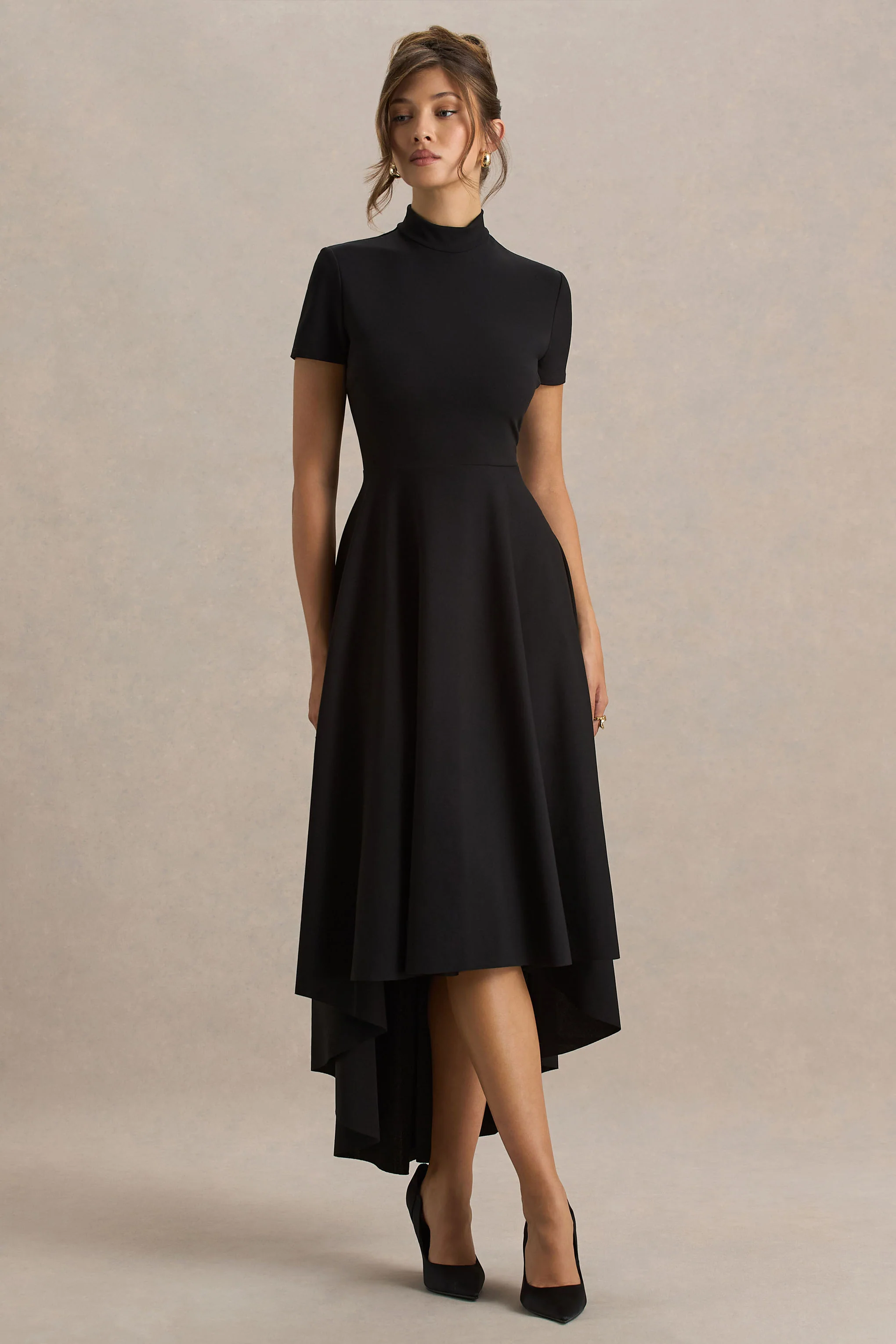 Bellona | Black High-Neck High-Low Midi Dress - Image 5