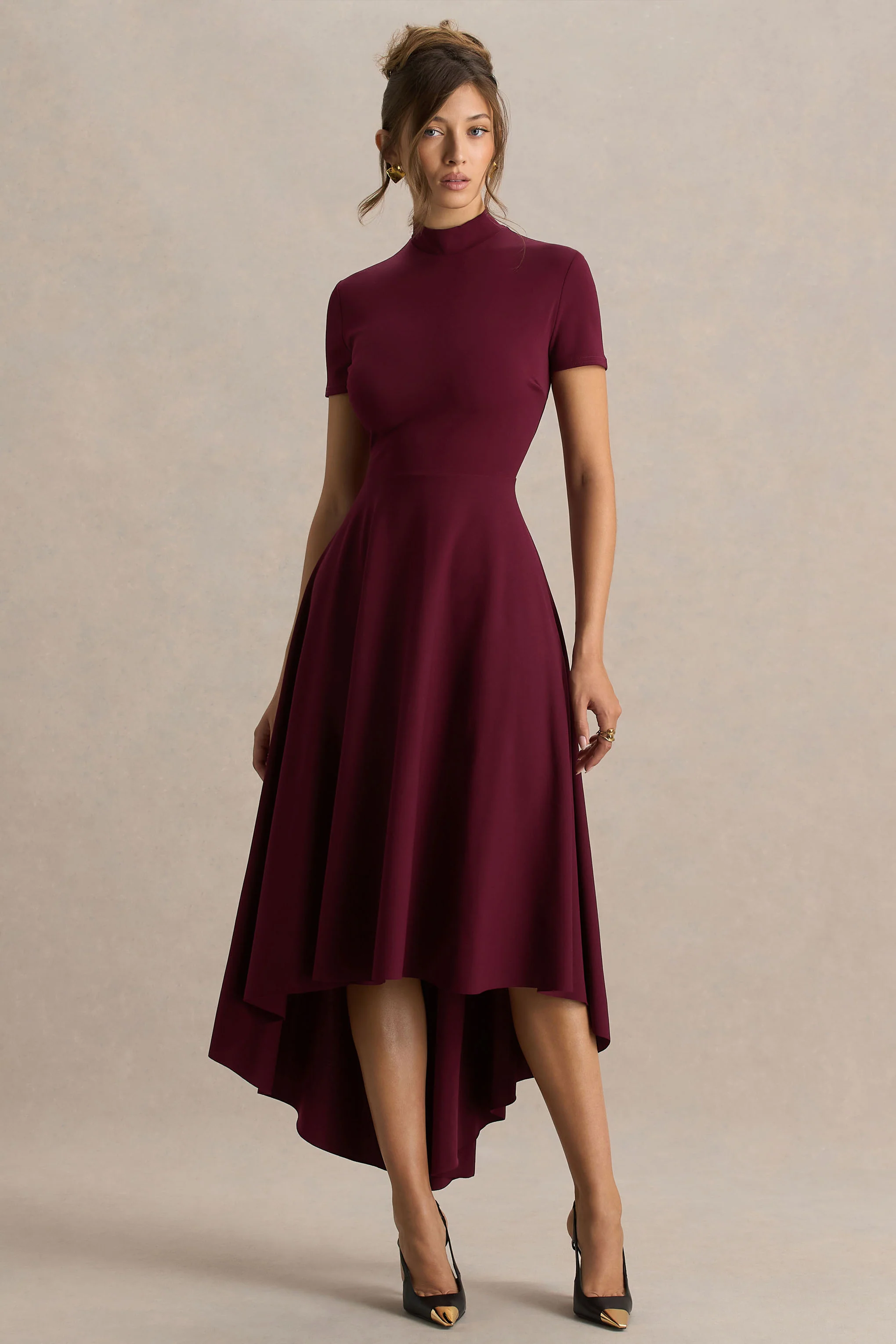 Bellona | Burgundy High-Neck High-Low Midi Dress - Image 3