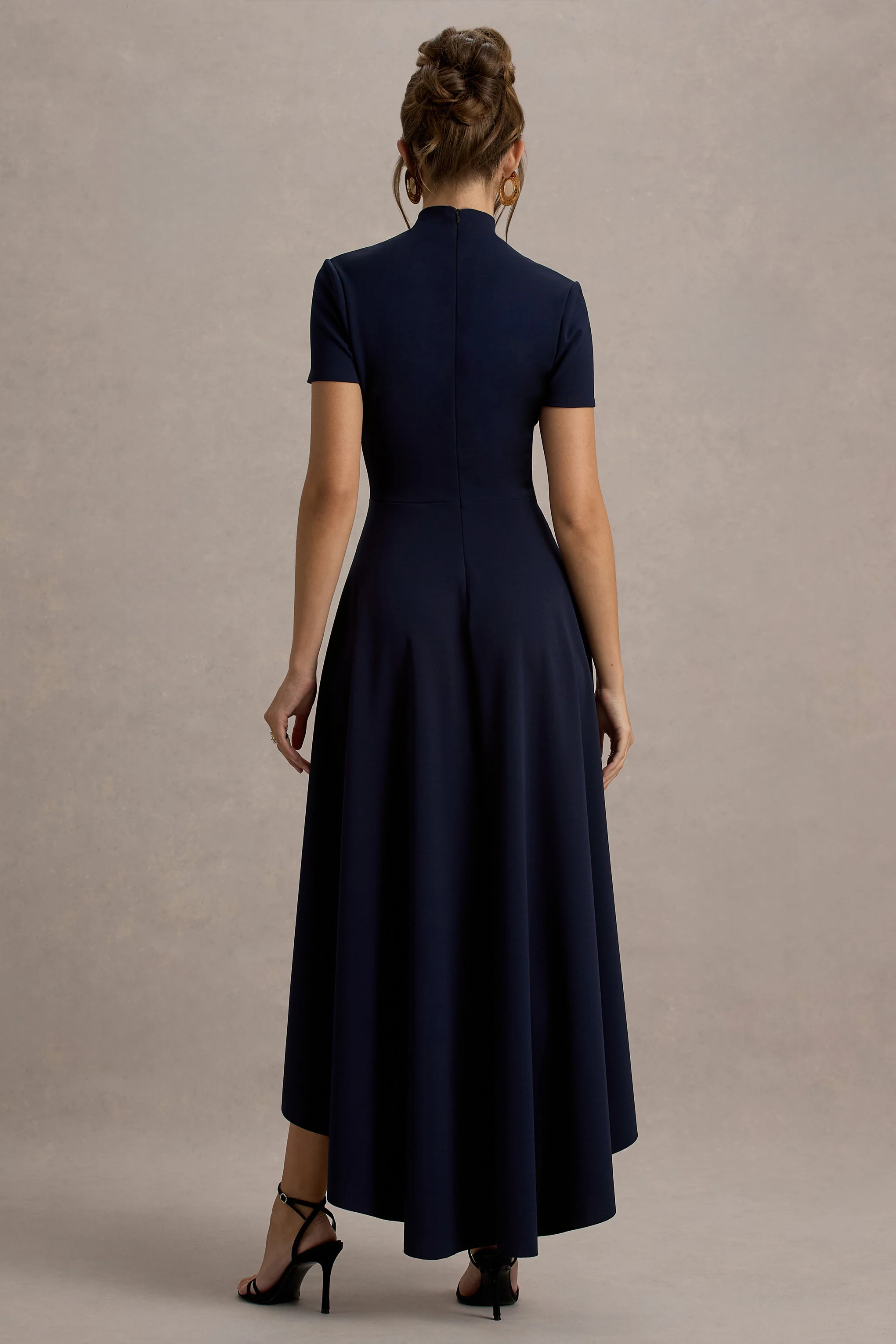 Bellona | Navy High-Neck High-Low Midi Dress - Image 2