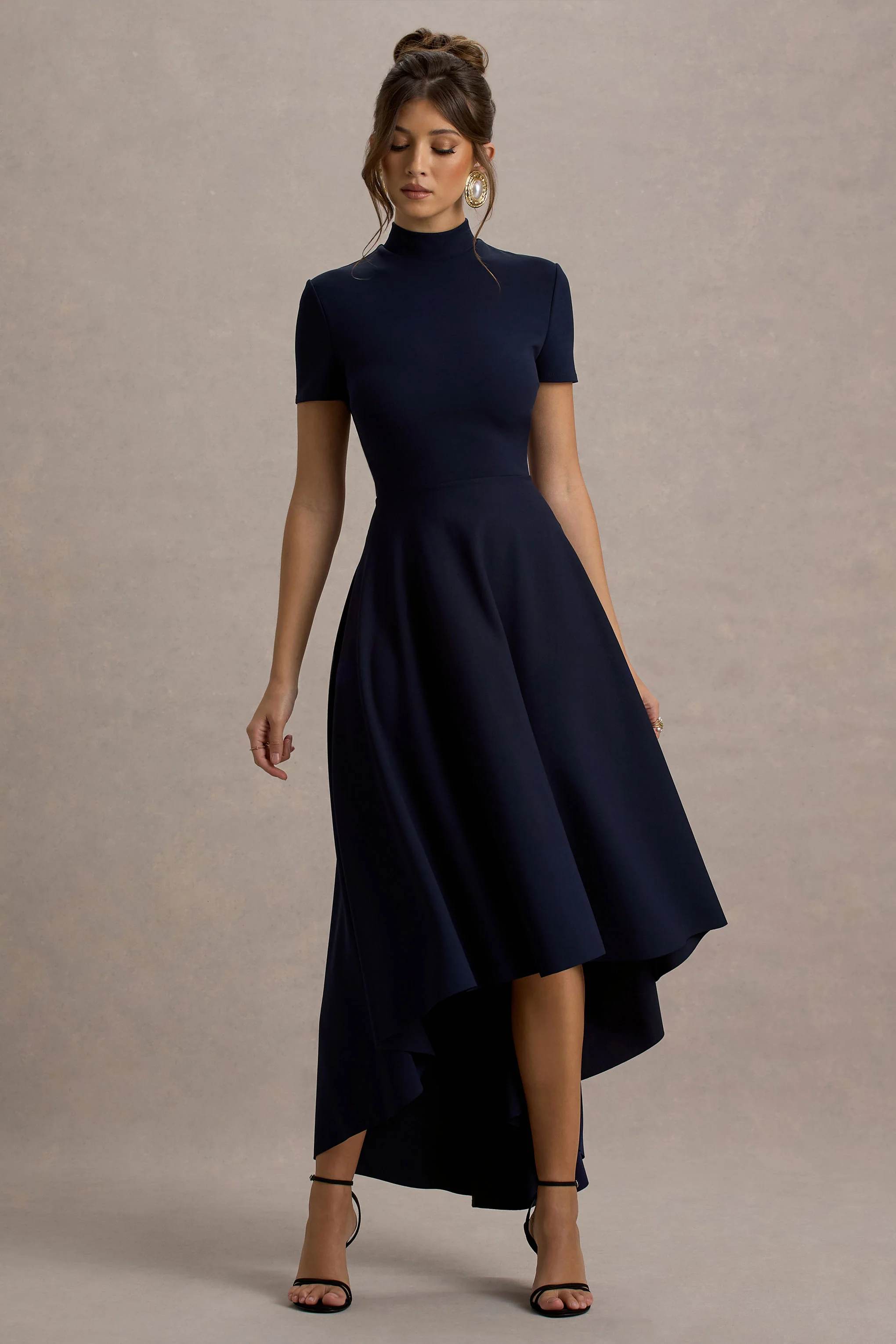 Bellona | Navy High-Neck High-Low Midi Dress - Image 4