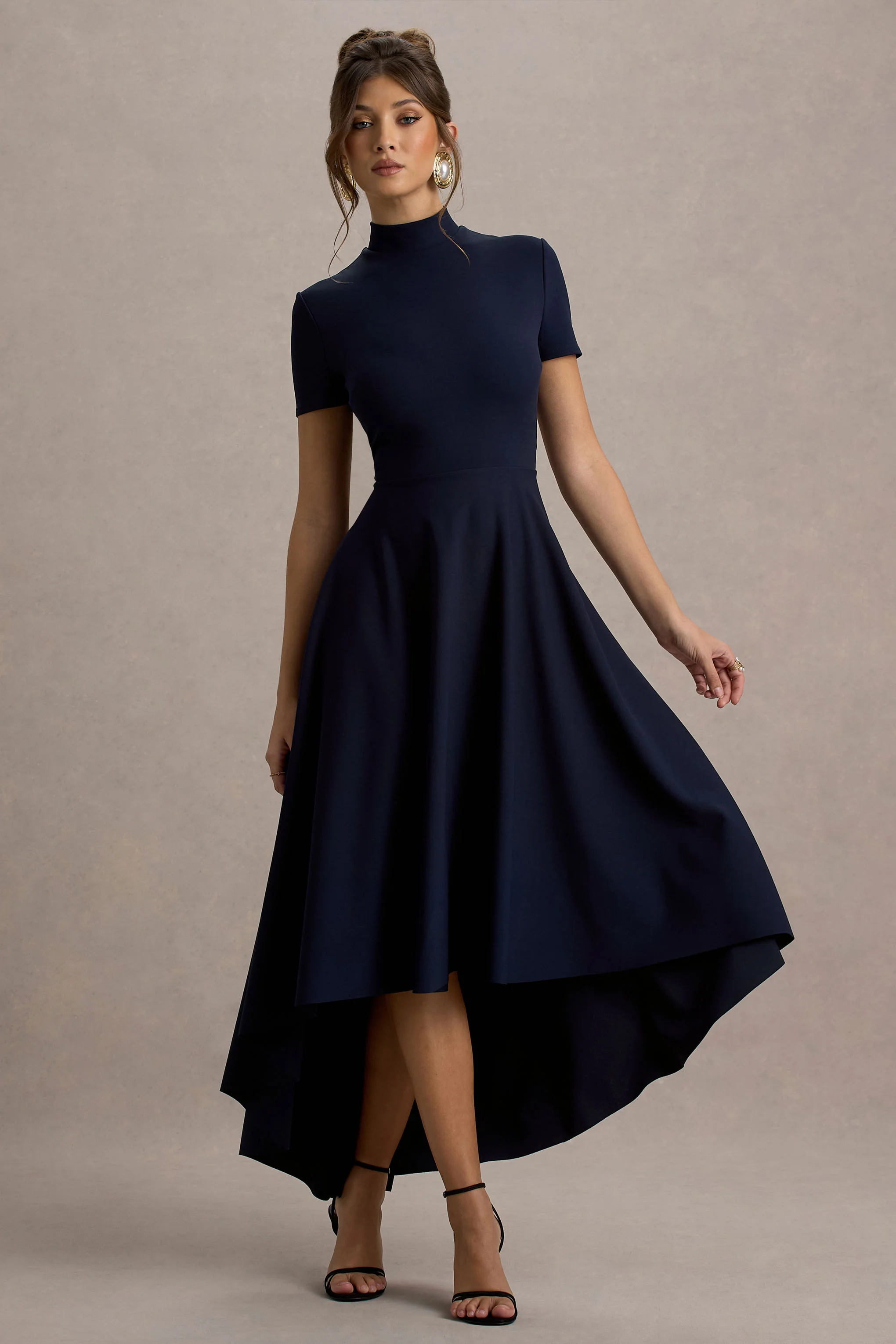 Bellona | Navy High-Neck High-Low Midi Dress - Image 6