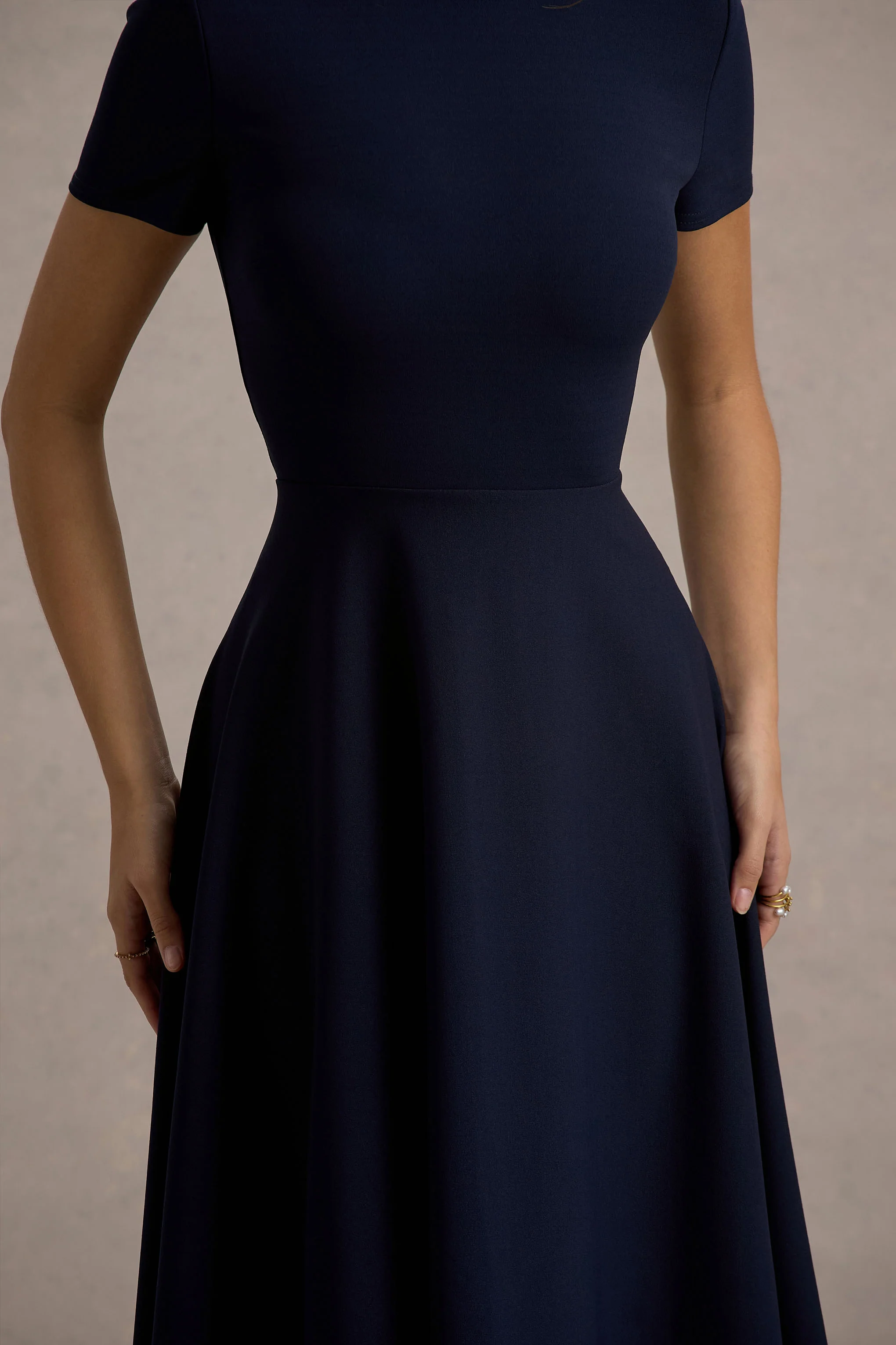 Bellona | Navy High-Neck High-Low Midi Dress - Image 7