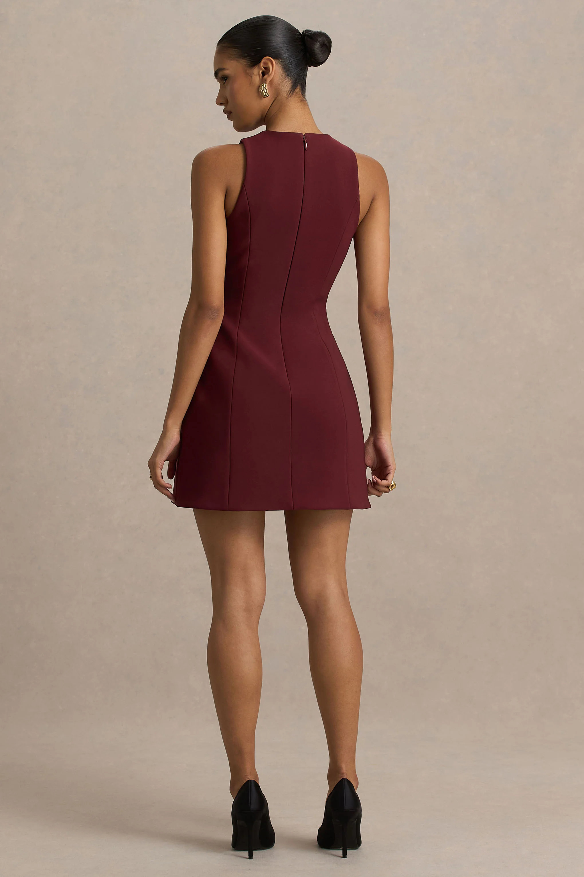 Belony | Dark Plum Crew-Neck Mini Dress With Button Detailing - Image 2
