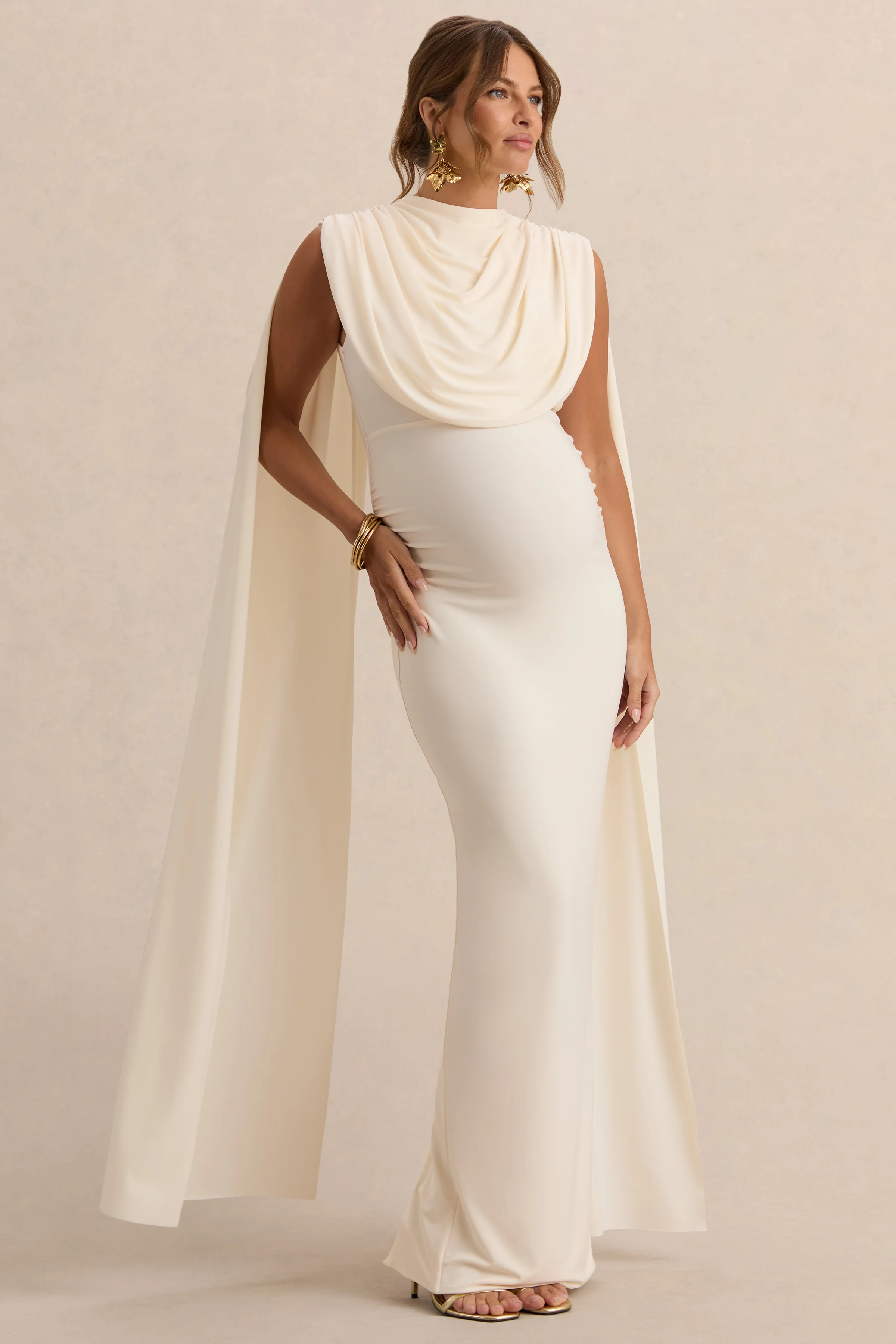Belva | Cream Round-Neck Maternity Maxi Dress With Cape Detail - Image 3