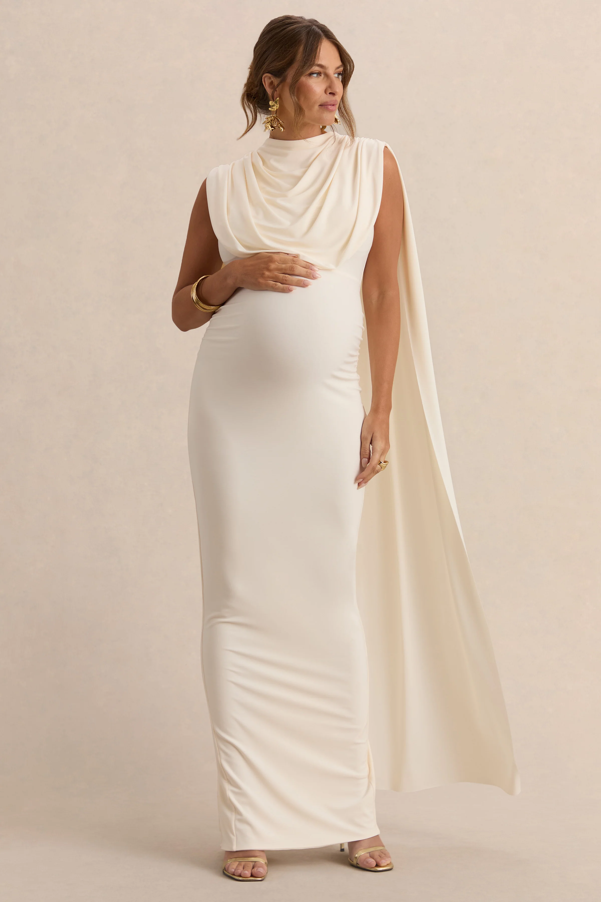 Belva | Cream Round-Neck Maternity Maxi Dress With Cape Detail - Image 6