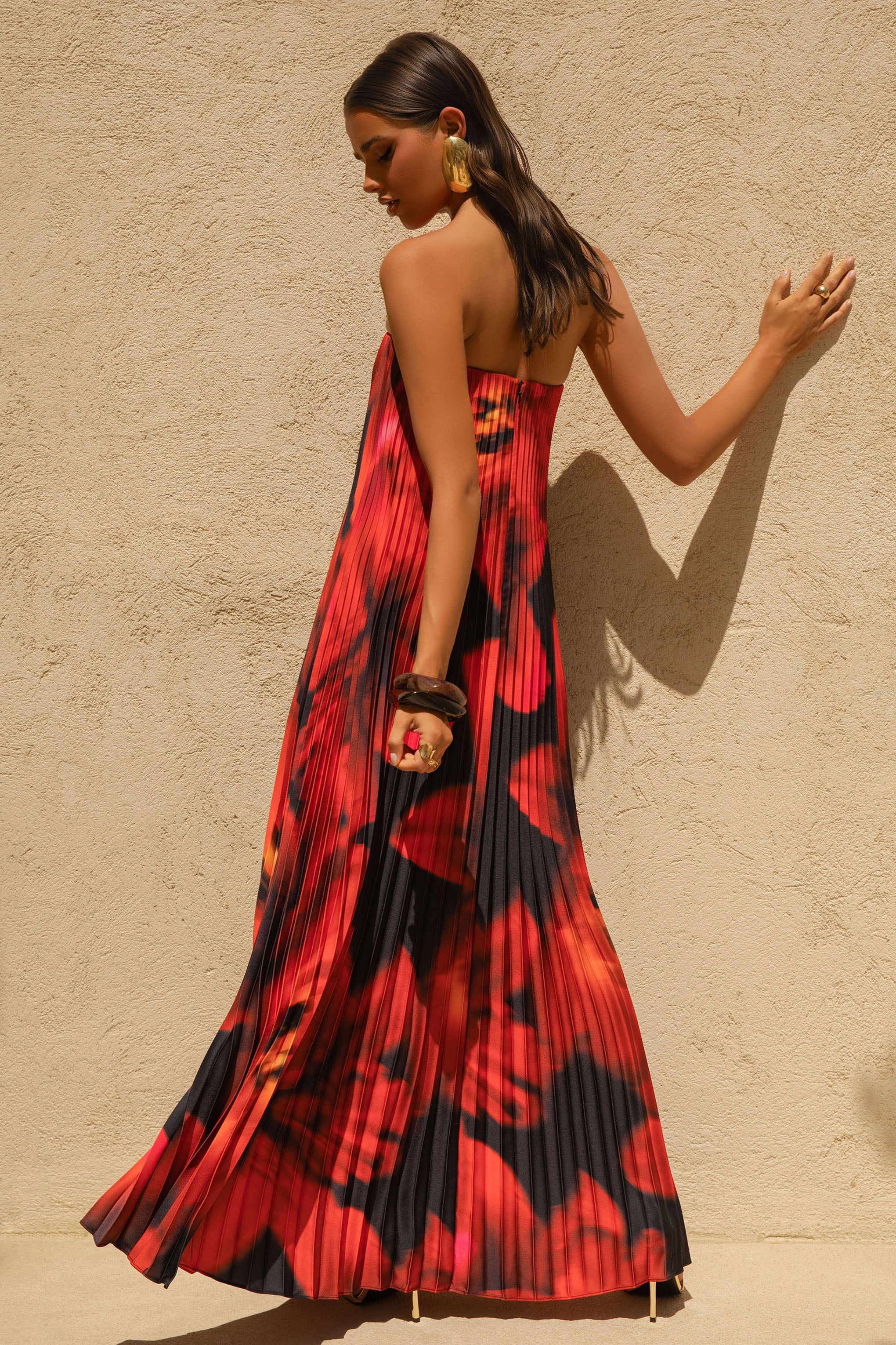 Bergamot | Black And Red Floral Print Satin Sweetheart Maxi Dress - Image 2