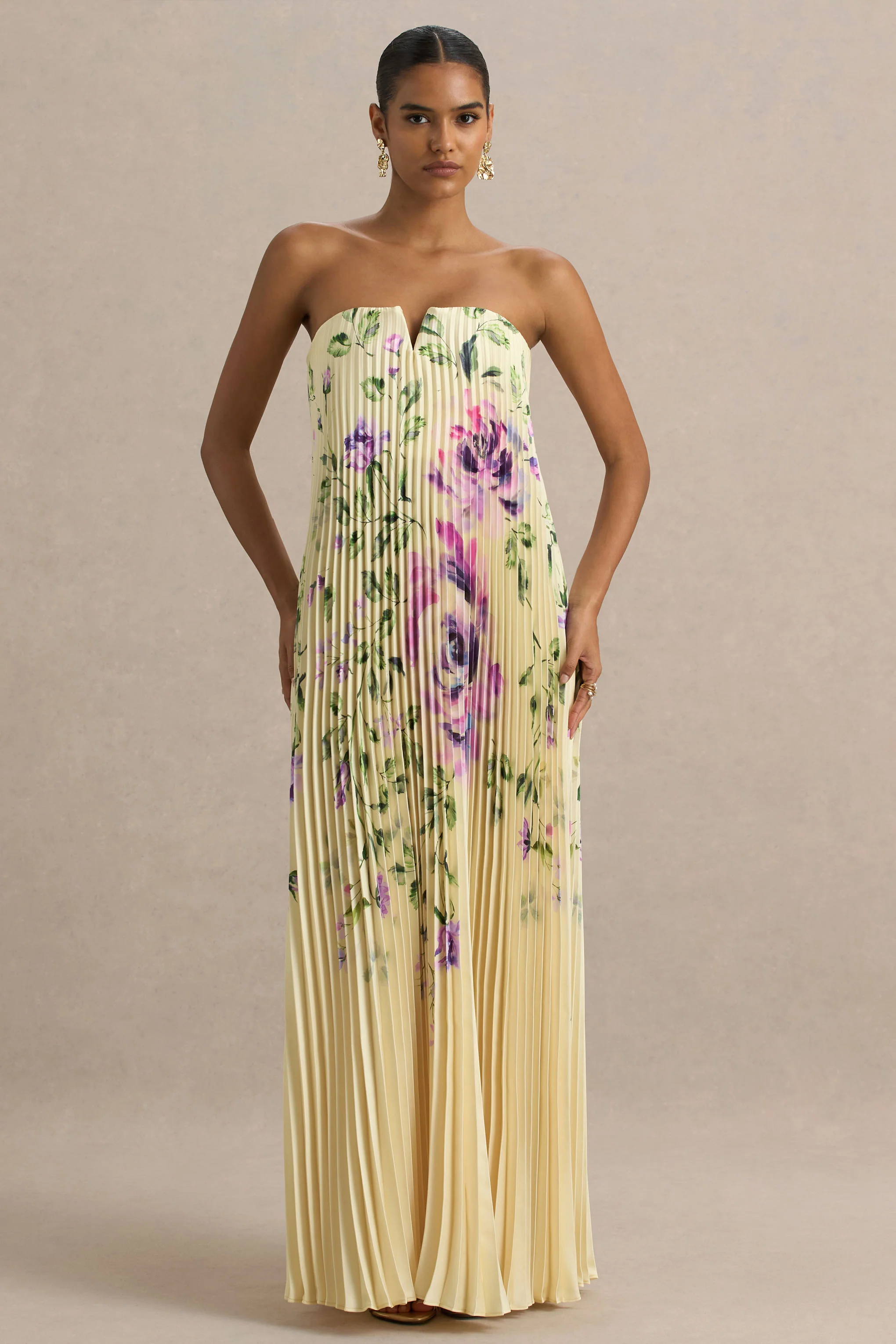 Bergamot | Lemon Rose Print Satin Sweetheart Maxi Dress - Image 5