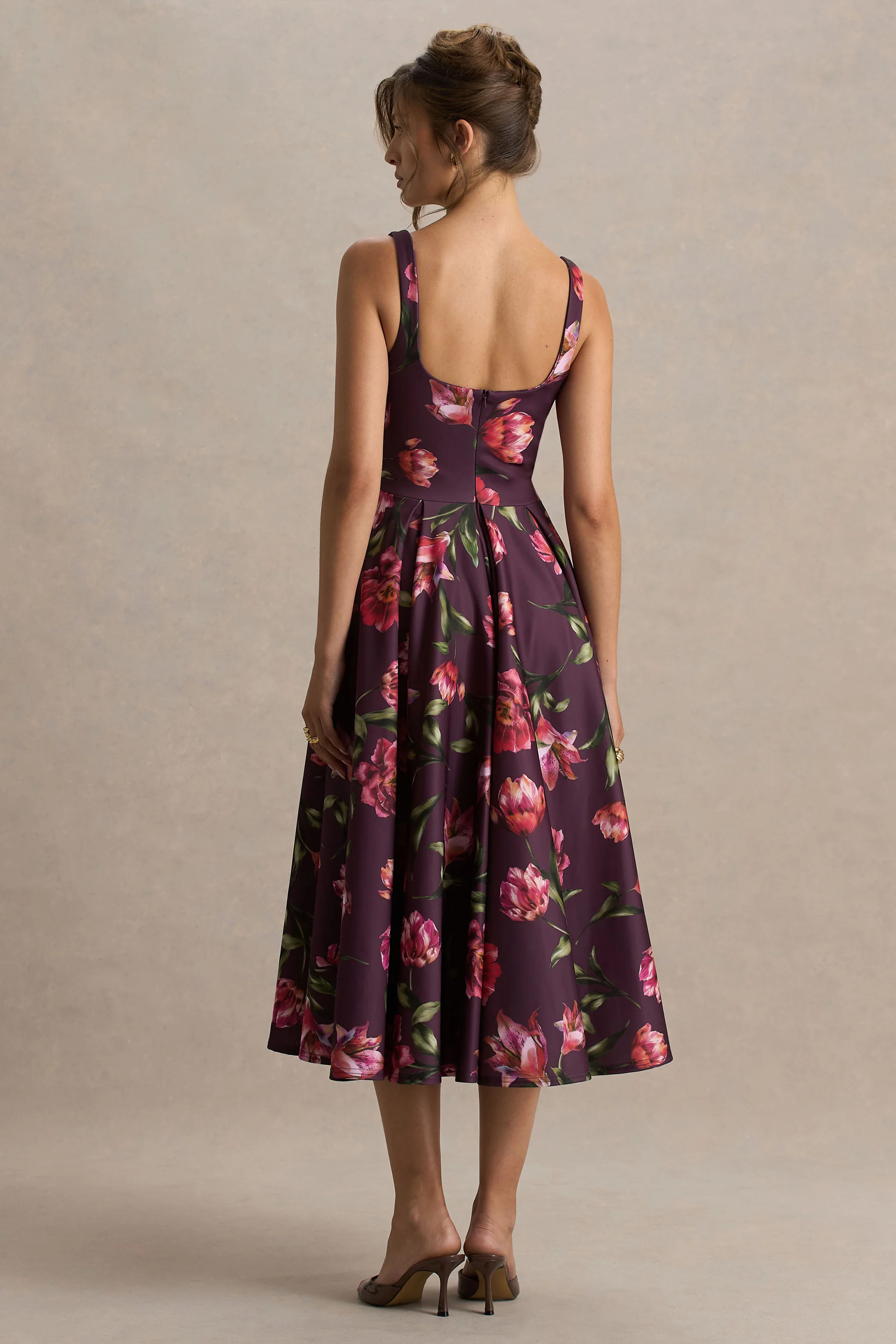 Berta | Burgundy Floral Print Square-Neck Midi Dress - Image 2