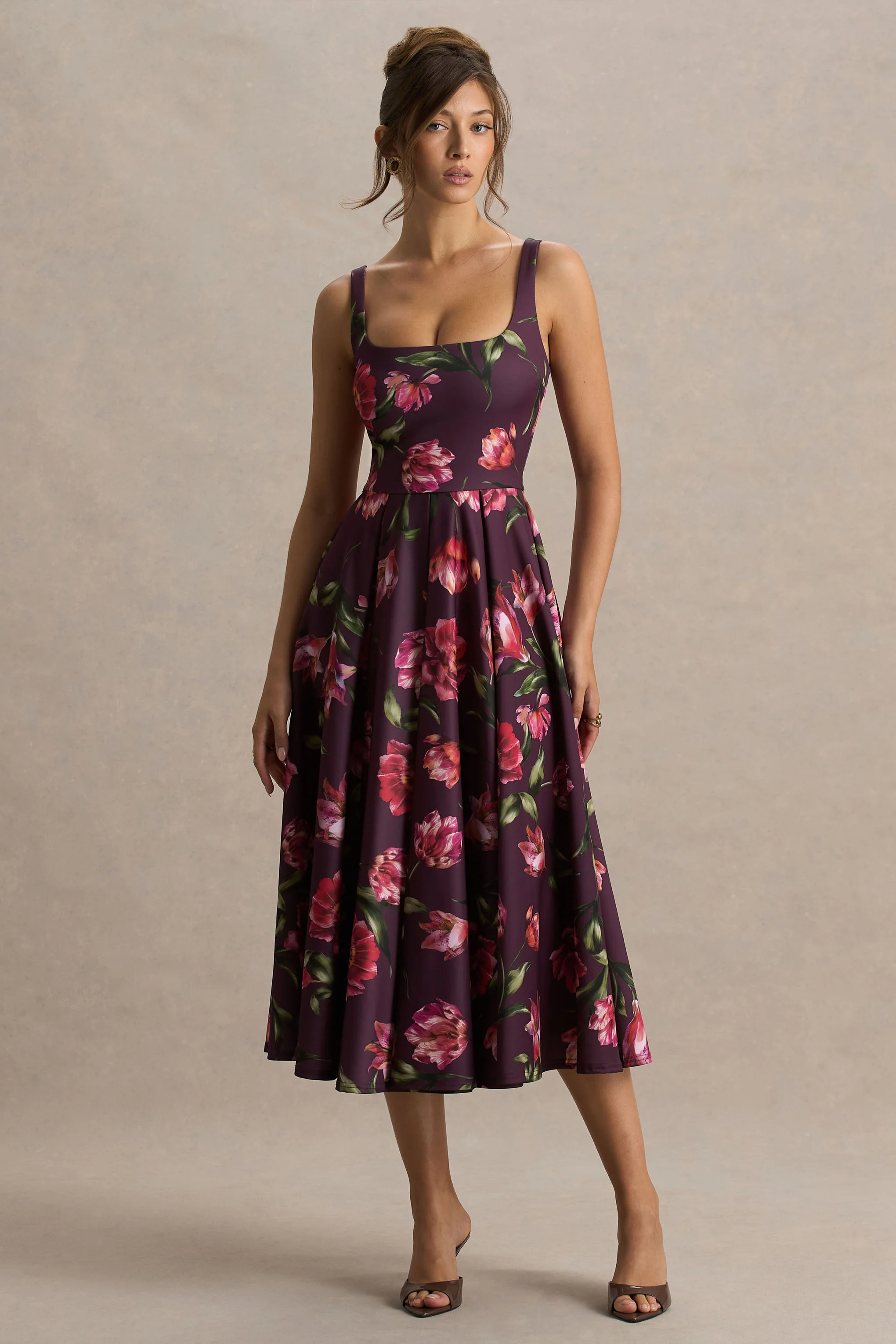 Berta | Burgundy Floral Print Square-Neck Midi Dress - Image 4