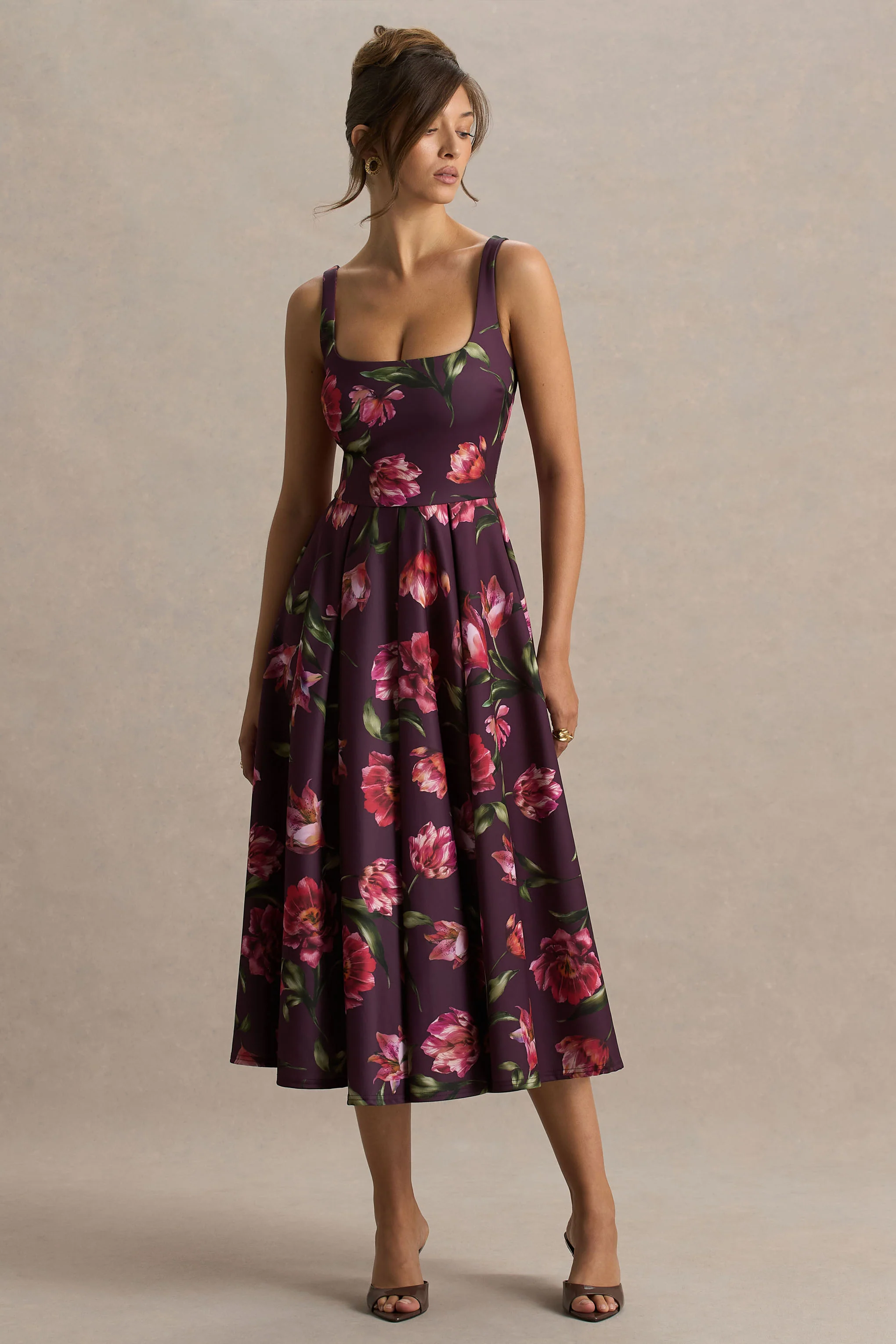 Berta | Burgundy Floral Print Square-Neck Midi Dress - Image 5