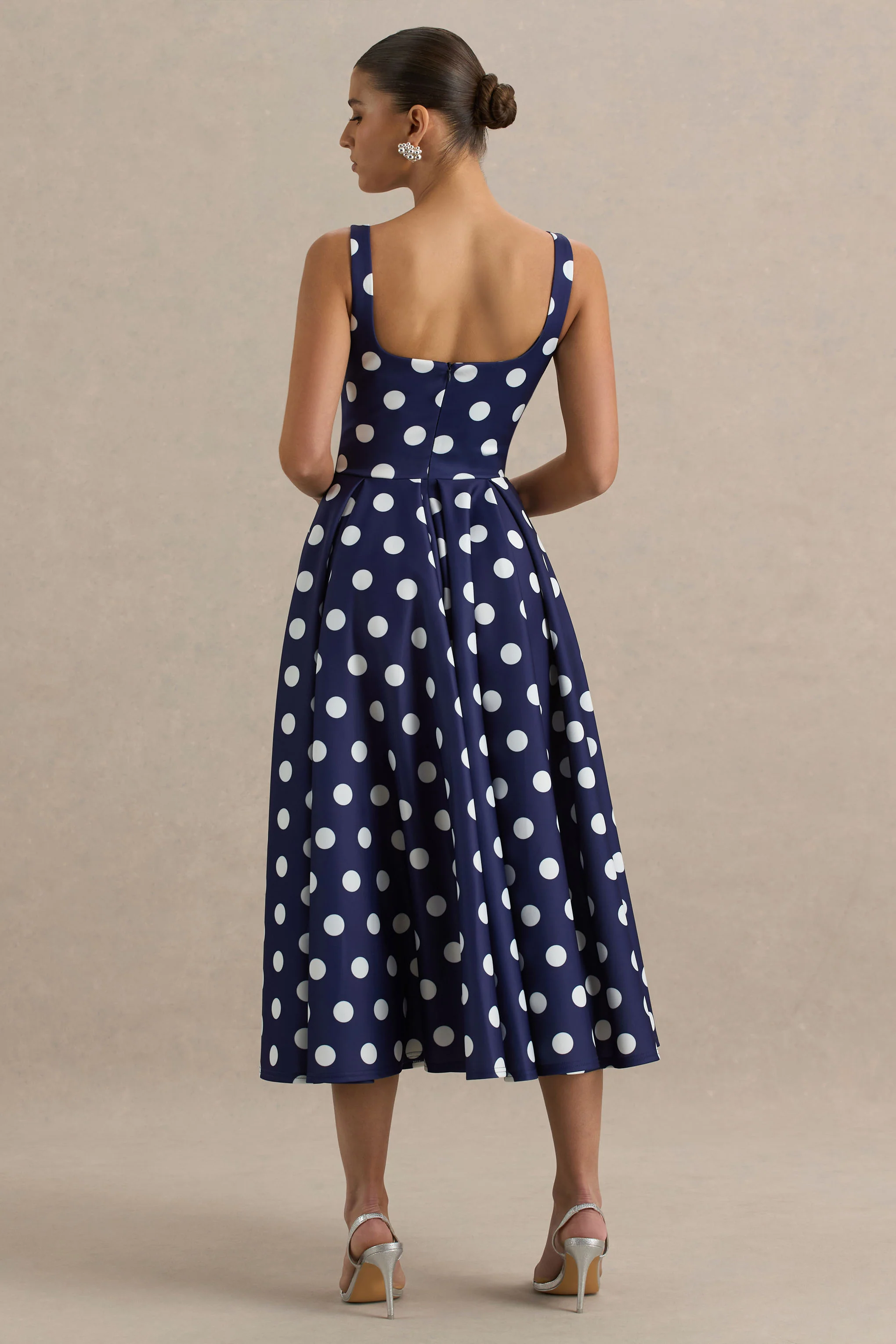 Berta | Navy And White Polka-Dot Square-Neck Midi Dress - Image 3