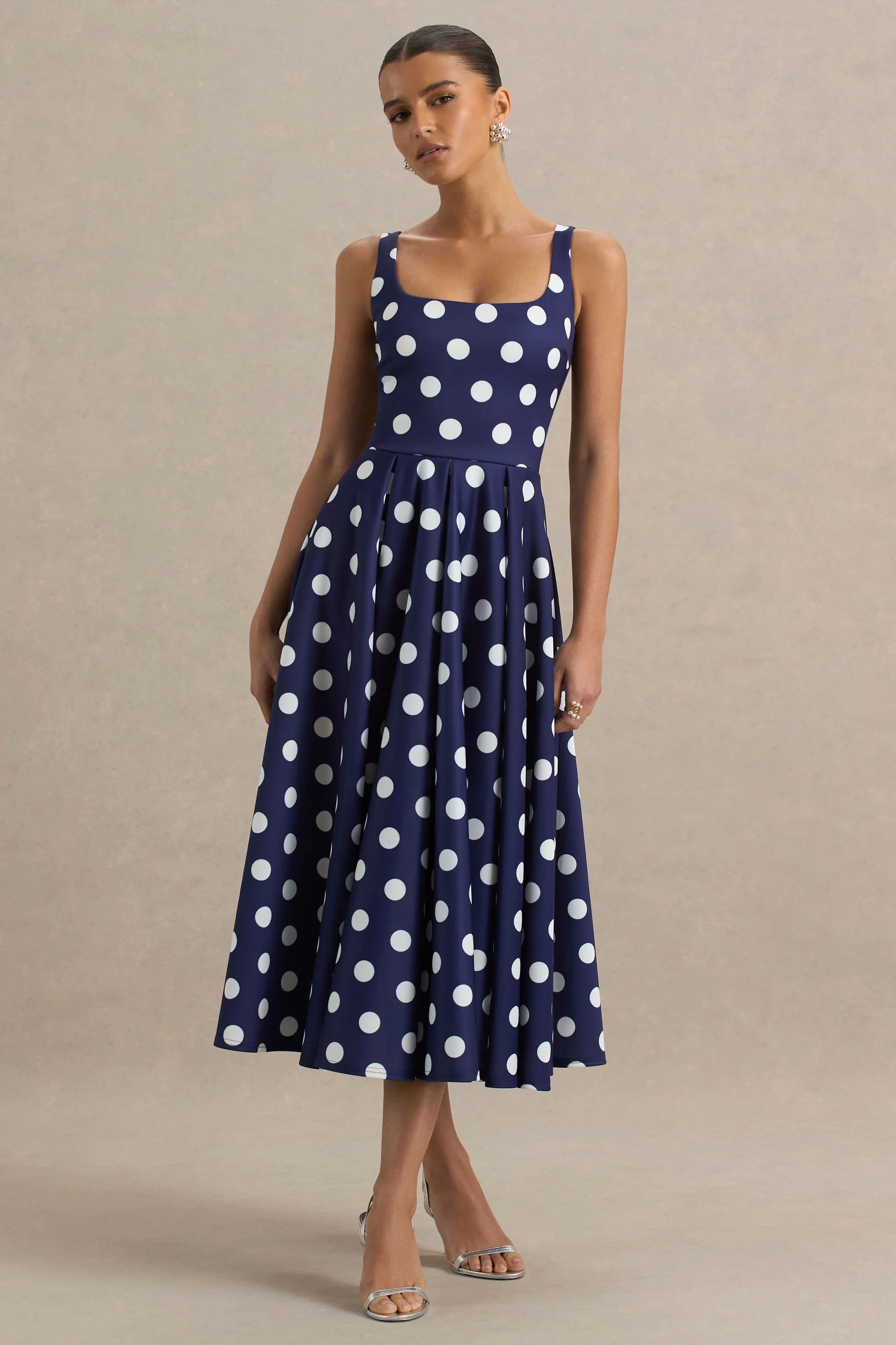 Berta | Navy And White Polka-Dot Square-Neck Midi Dress - Image 4