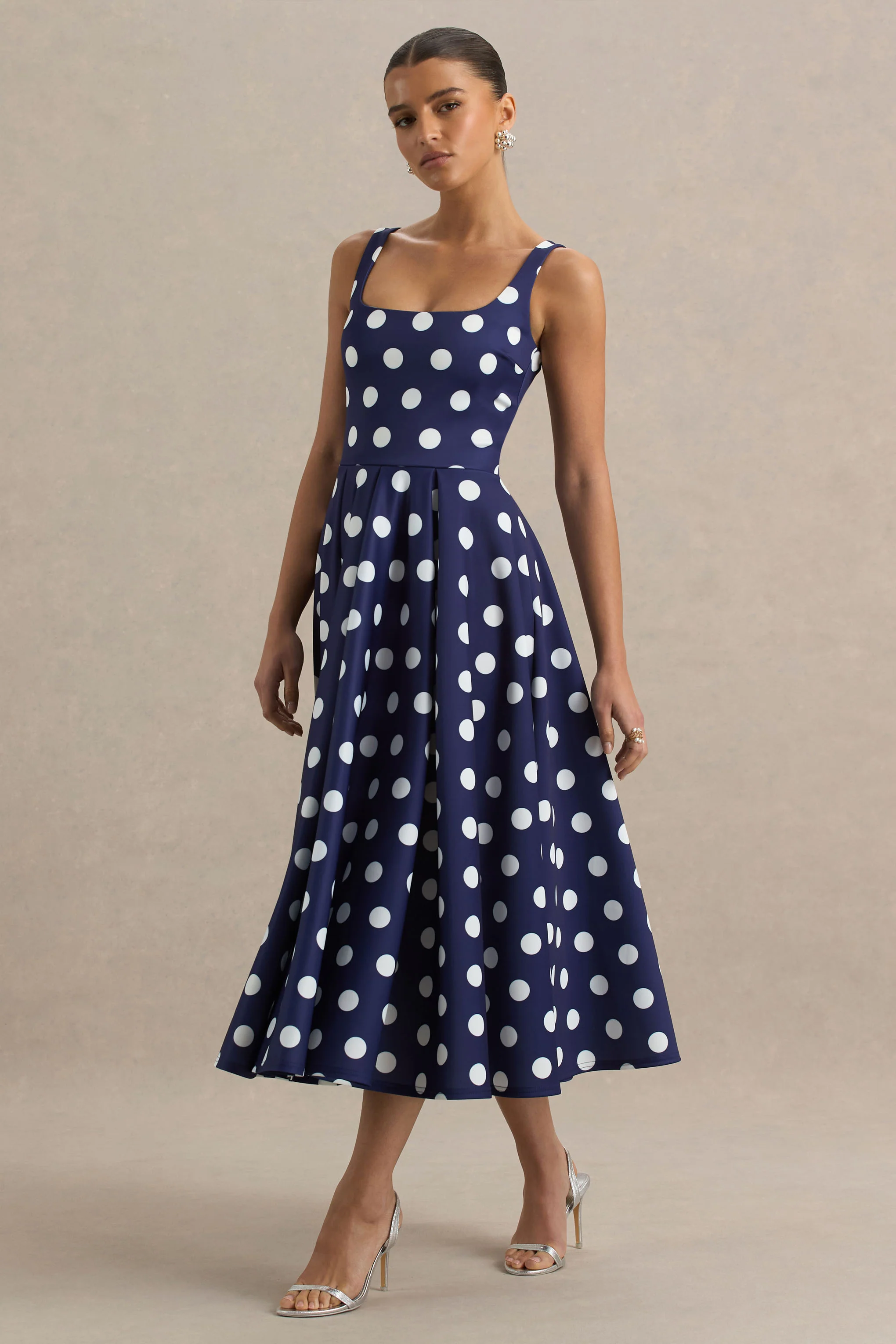 Berta | Navy And White Polka-Dot Square-Neck Midi Dress - Image 5