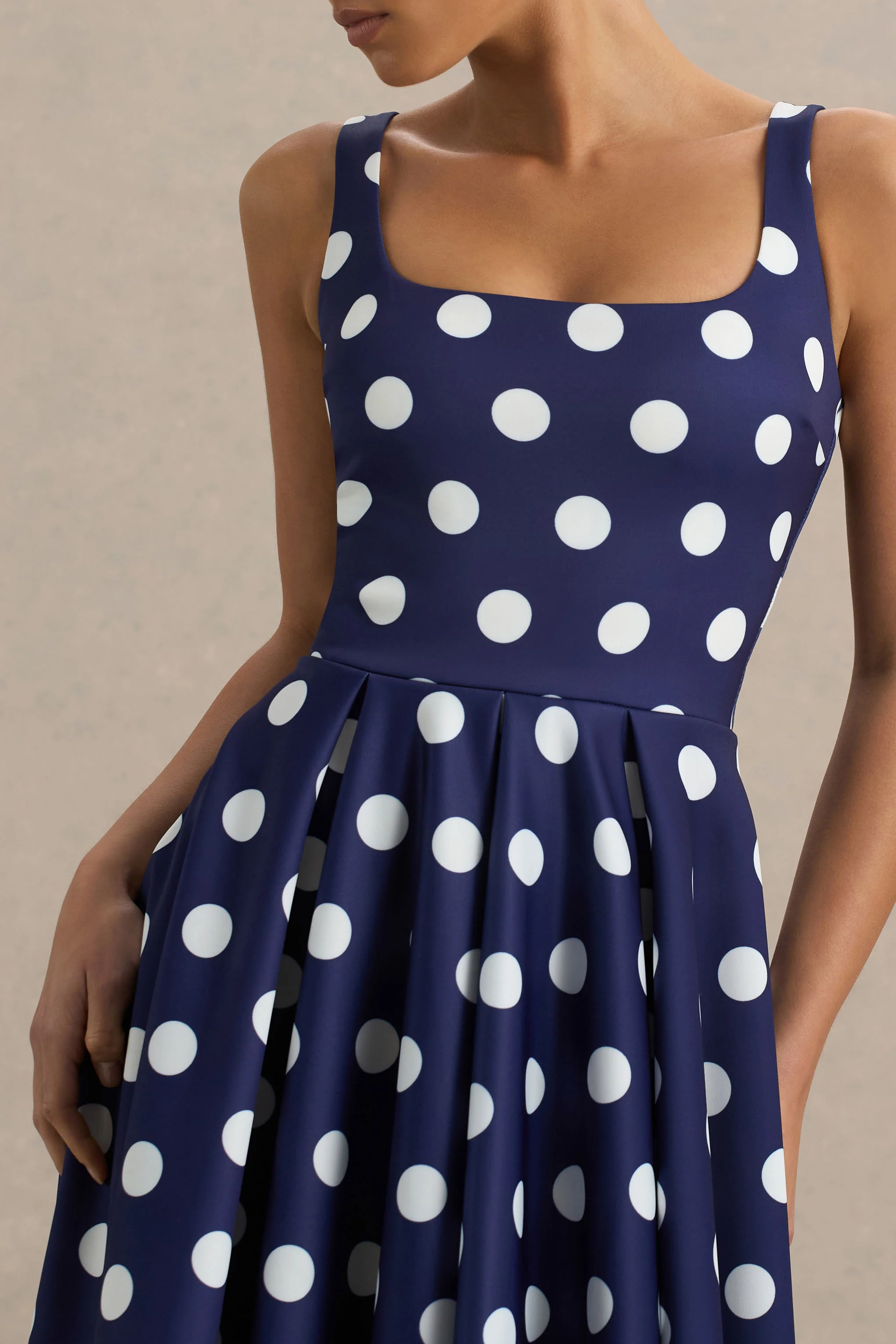 Berta | Navy And White Polka-Dot Square-Neck Midi Dress - Image 6