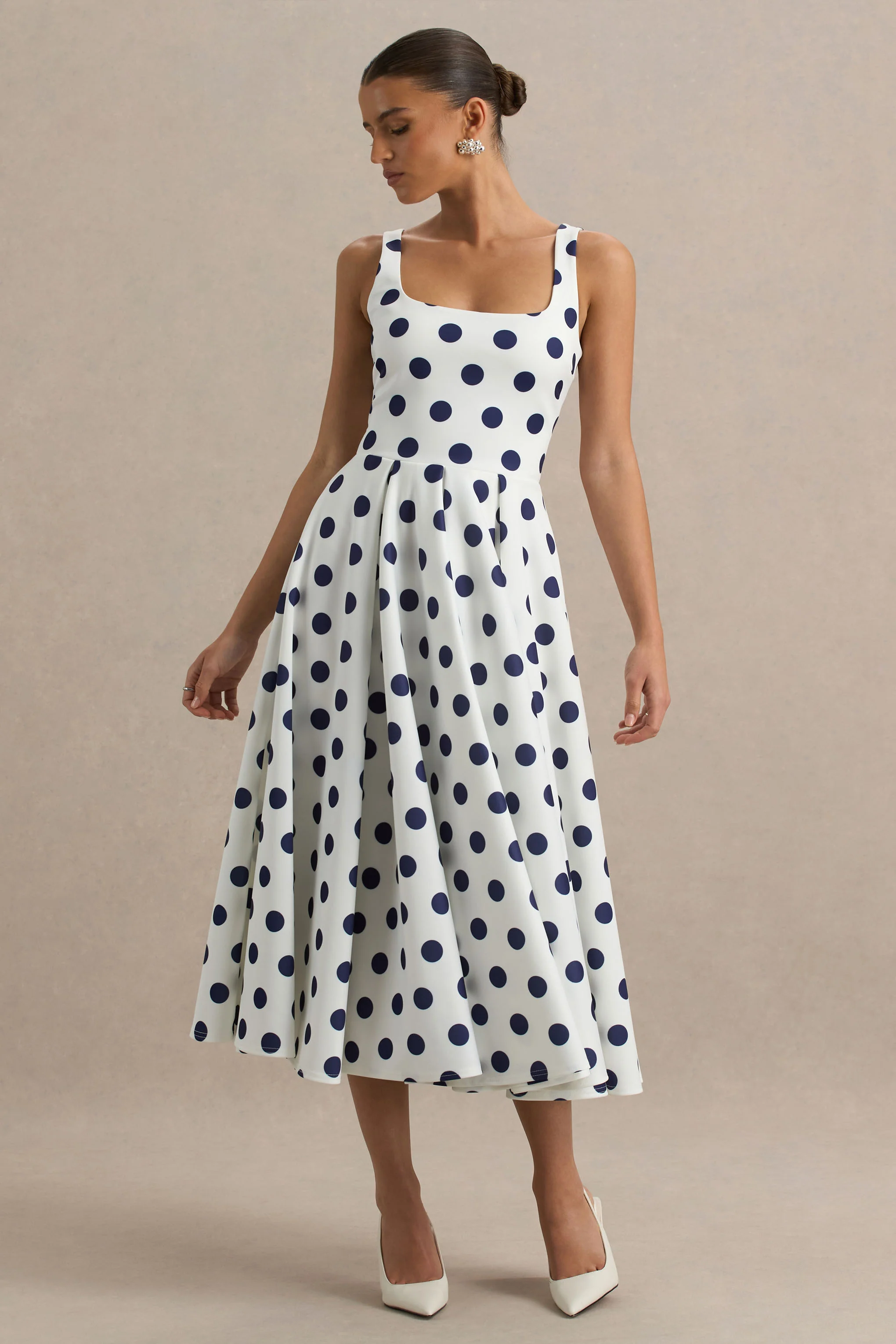 Berta | White And Navy Polka-Dot Square-Neck Midi Dress - Image 3