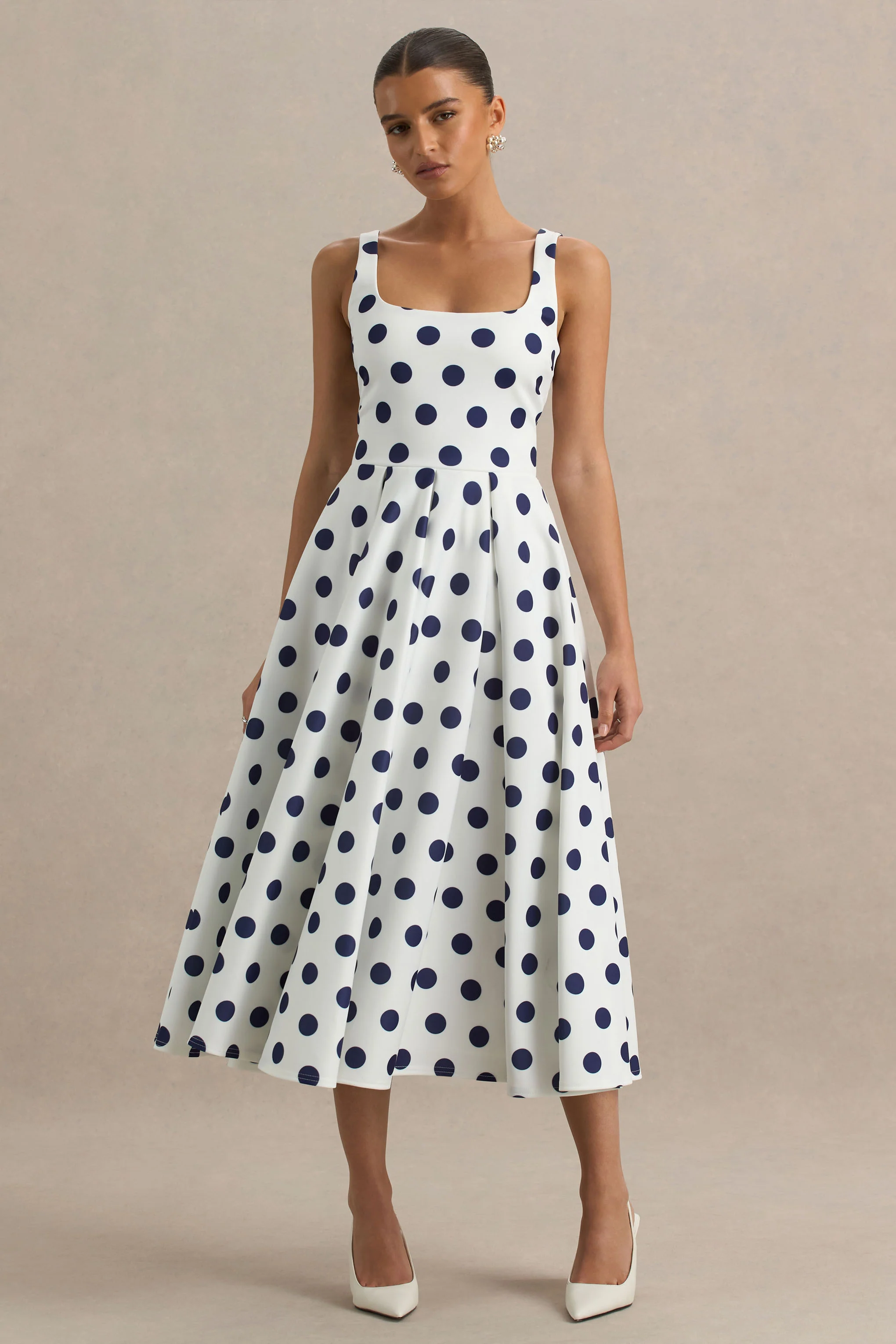 Berta | White And Navy Polka-Dot Square-Neck Midi Dress - Image 4
