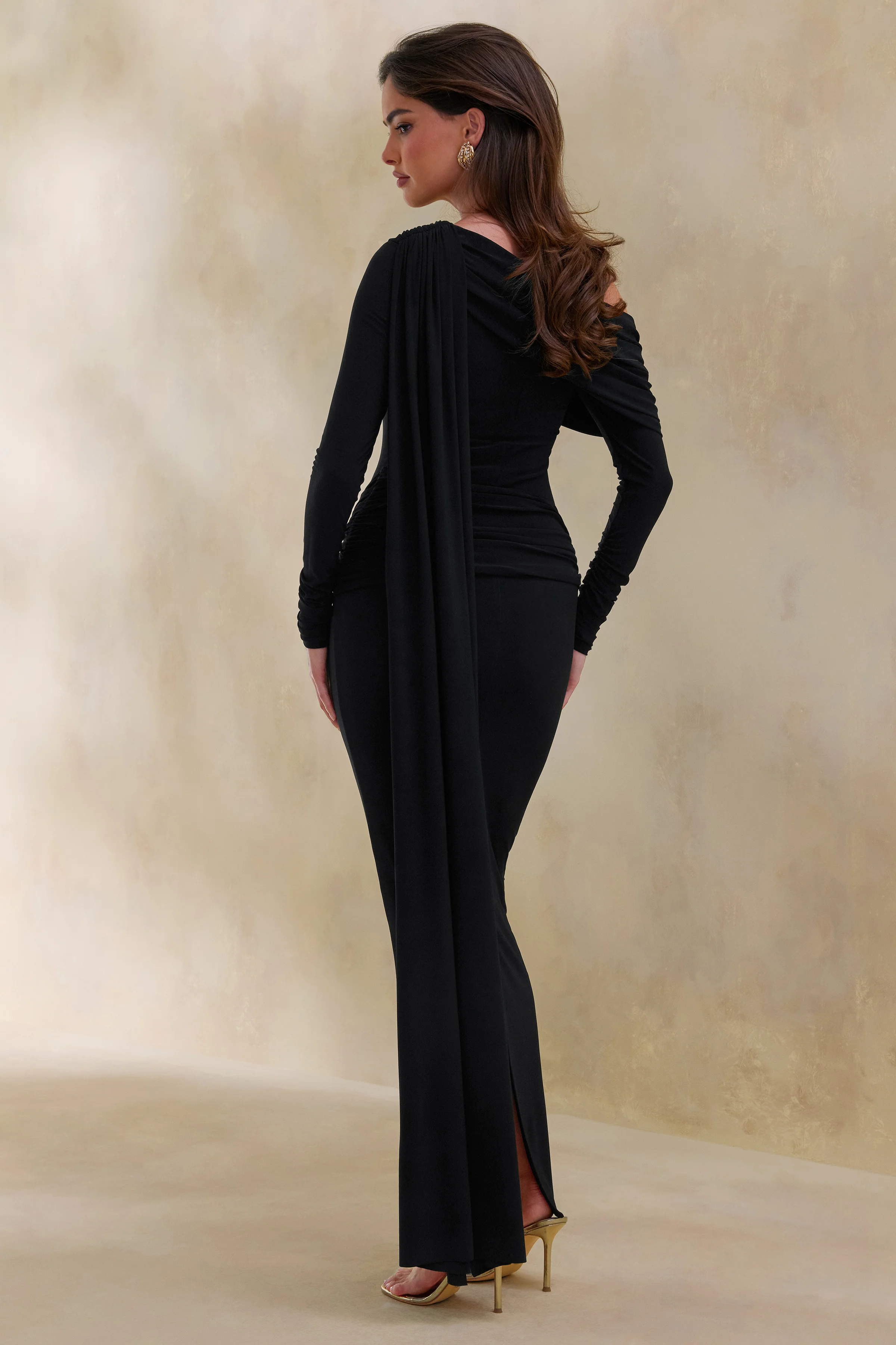 Bessy | Black Asymmetric-Neck Maxi Dress With Gathered-Detailing And Sash - Image 2