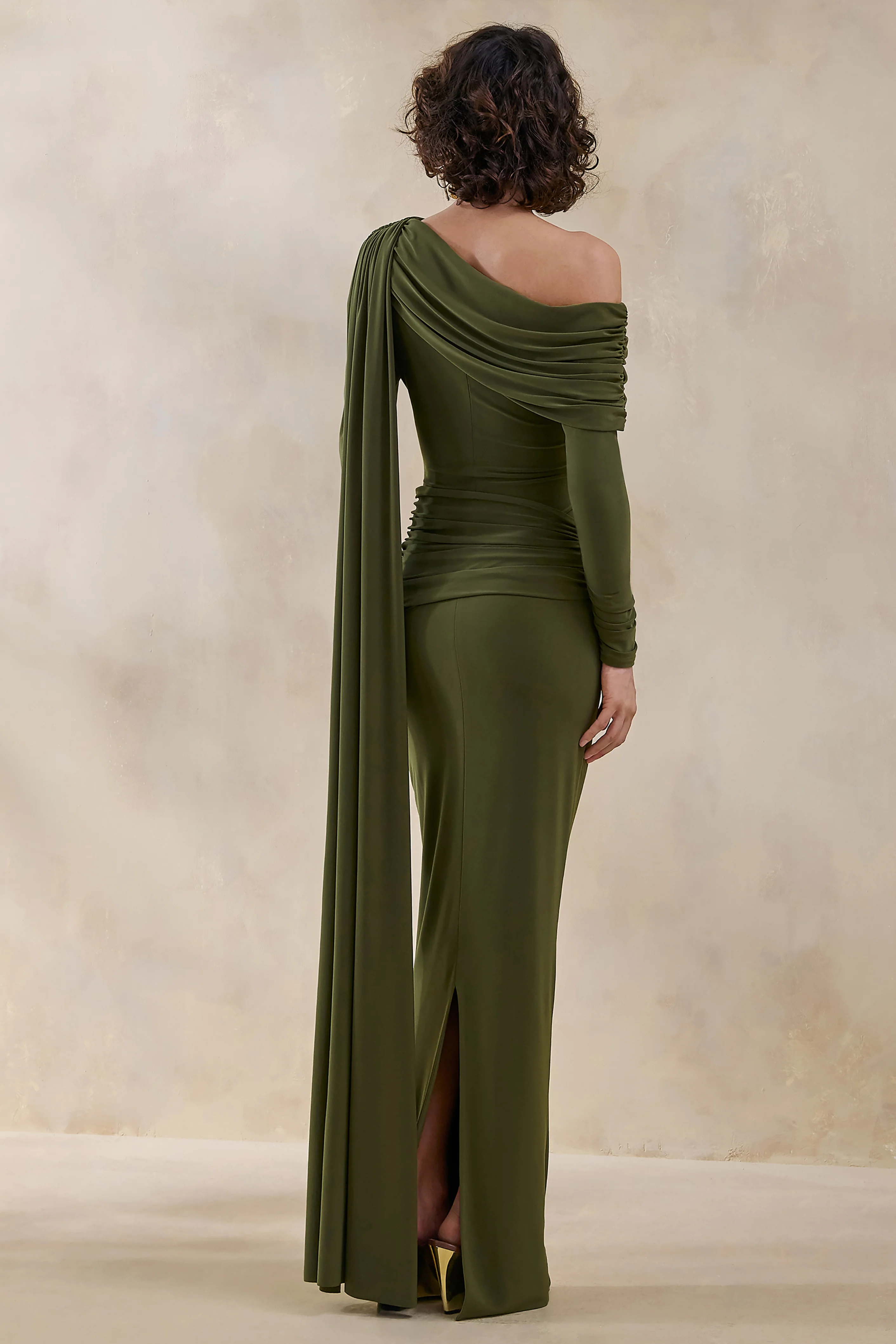 Bessy | Green Asymmetric-Neck Maxi Dress With Gathered-Detailing And Sash - Image 2