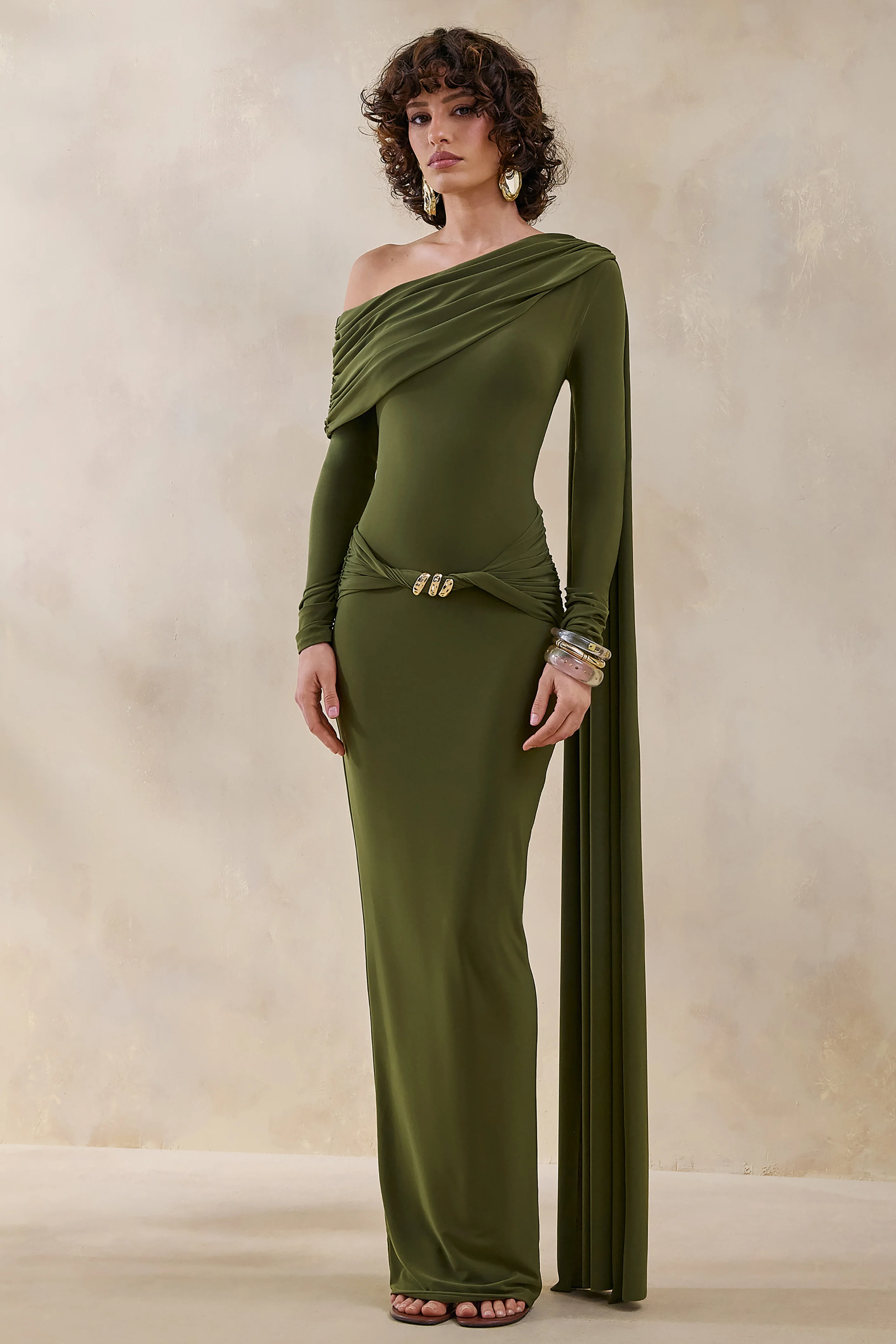 Bessy | Green Asymmetric-Neck Maxi Dress With Gathered-Detailing And Sash - Image 4