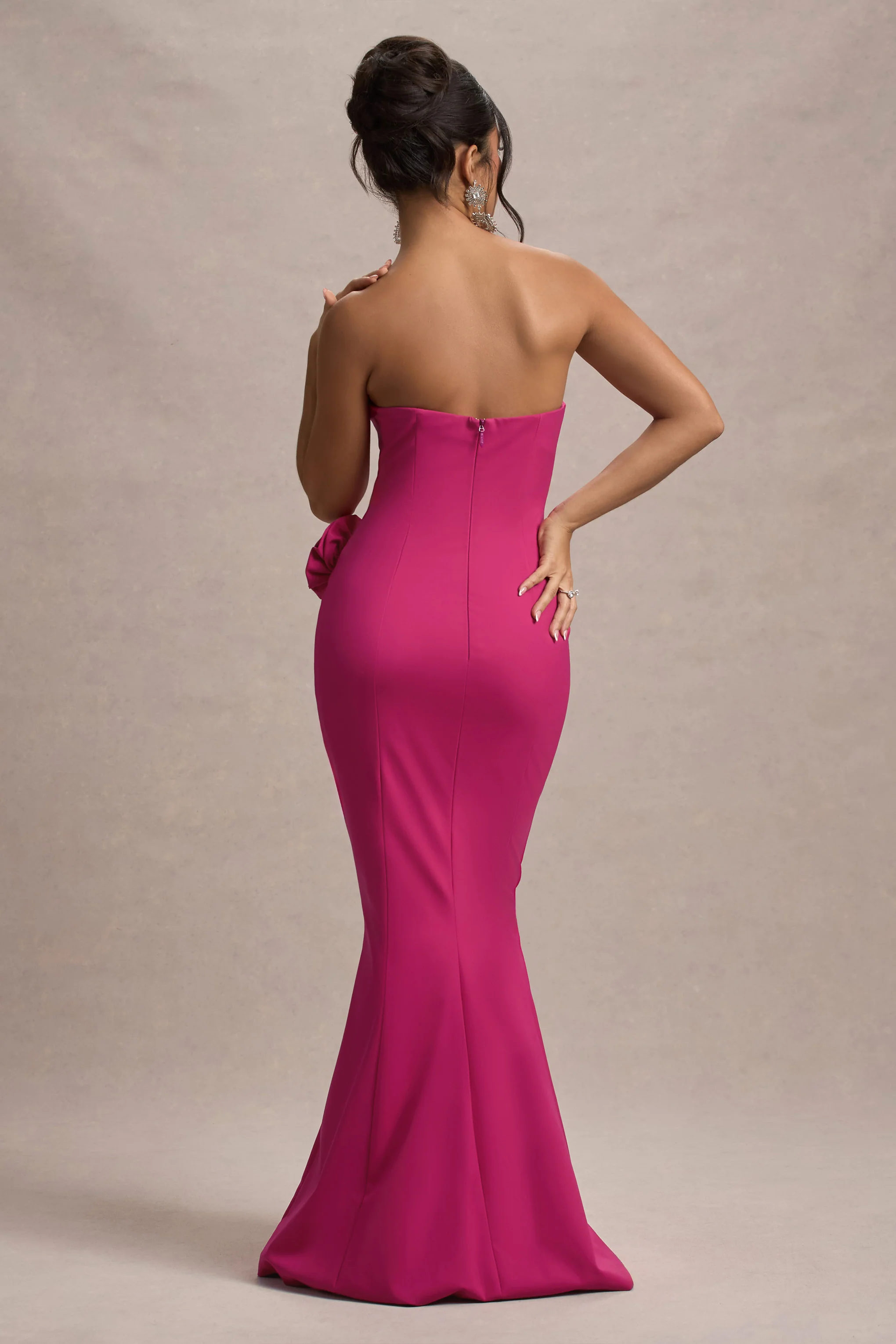 Best Of The Best | Dark Pink Strapless Fishtail Maxi Dress With Corsages - Image 2