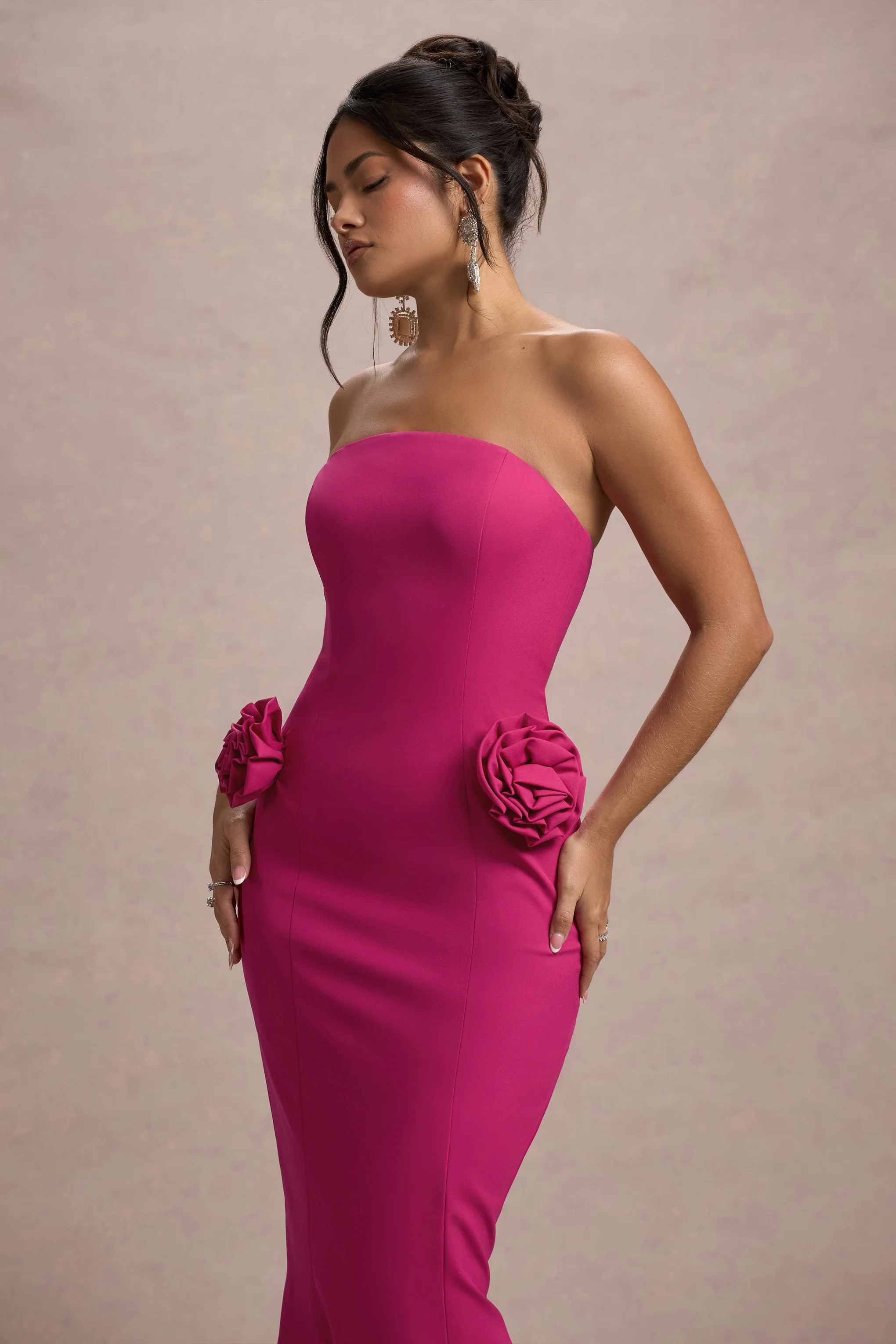 Best Of The Best | Dark Pink Strapless Fishtail Maxi Dress With Corsages - Image 3