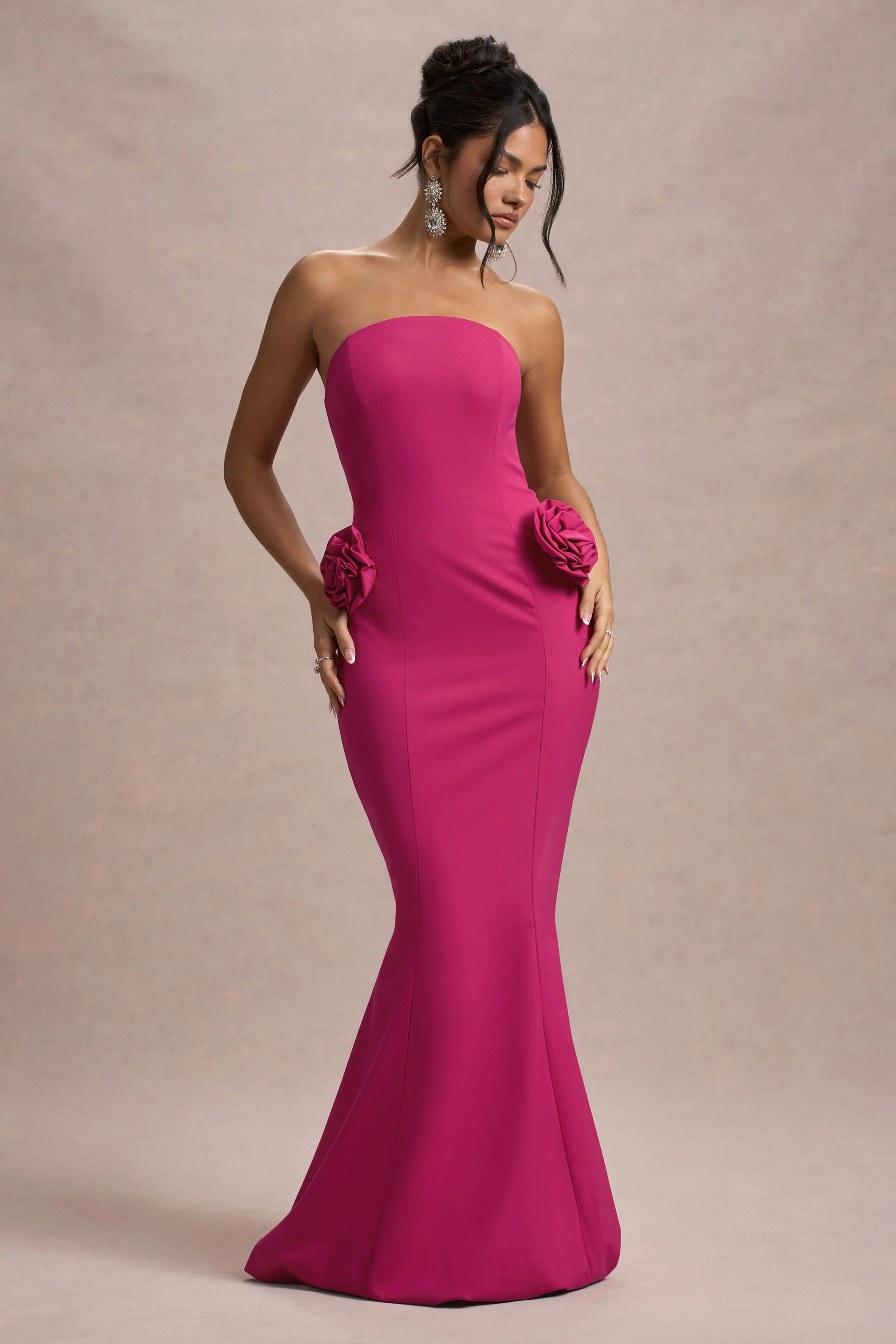 Best Of The Best | Dark Pink Strapless Fishtail Maxi Dress With Corsages - Image 4