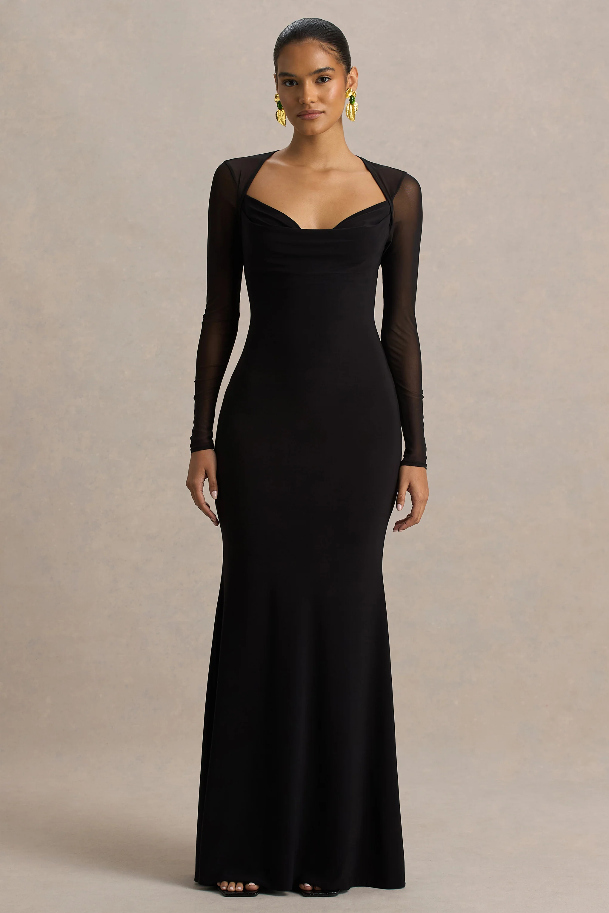 Bethan | Black Cowl-Neck Maxi Dress With Mesh Sleeves And Open-Back - Image 3