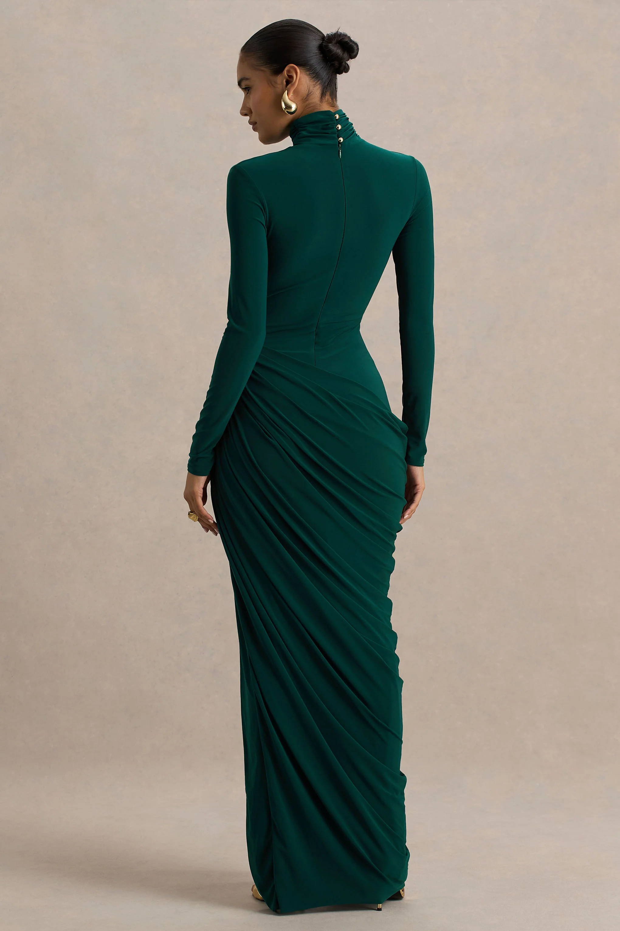 Betsy | Bottle Green High-Neck Maxi Dress With Front Split And Ruched Detailing - Image 2
