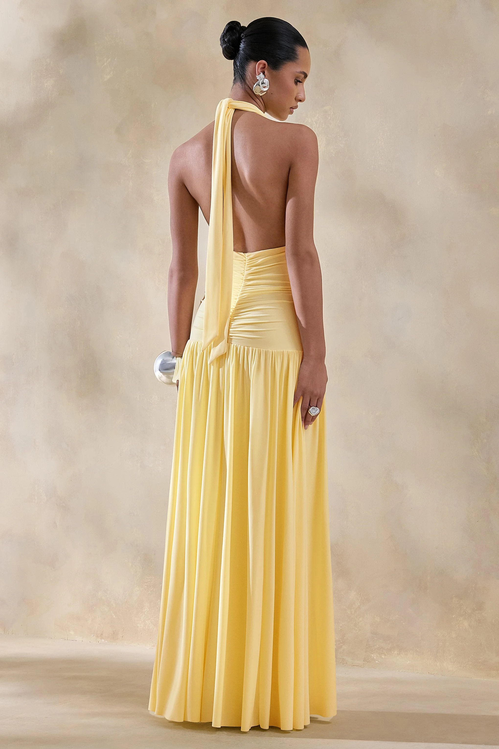 Bettina | Lemon Plunge-Neck Maxi Dress With Gathered-Detailing - Image 2
